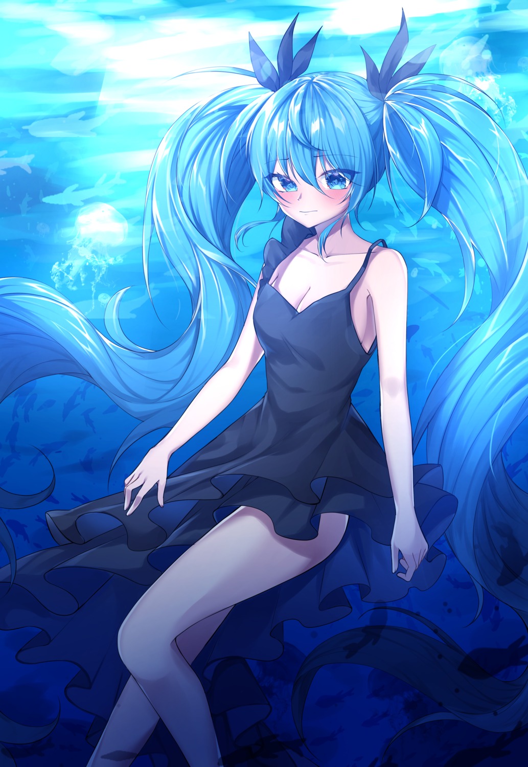 cleavage, dress, hareriya, hatsune_miku, no_bra, shinkai_shoujo_(vocaloid), skirt_lift, vocaloid