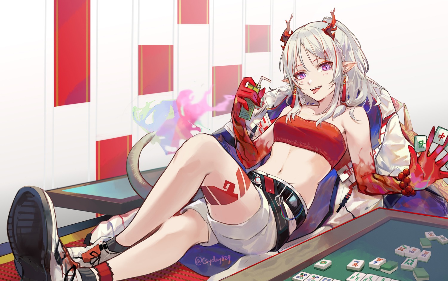 arknights, bra, csyday, horns, nian_(arknights), pointy_ears, tail, tattoo