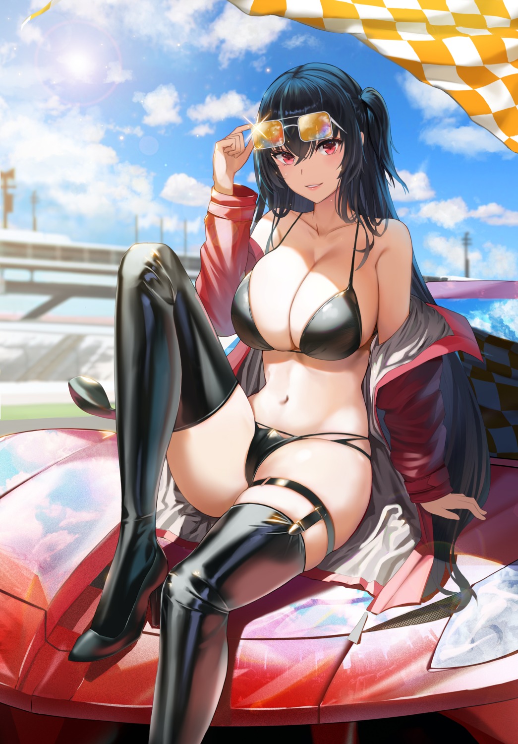 azur_lane, bikini, cleavage, garter, heels, lu_(ssuel), megane, open_shirt, stockings, swimsuits, taihou_(azur_lane), thighhighs