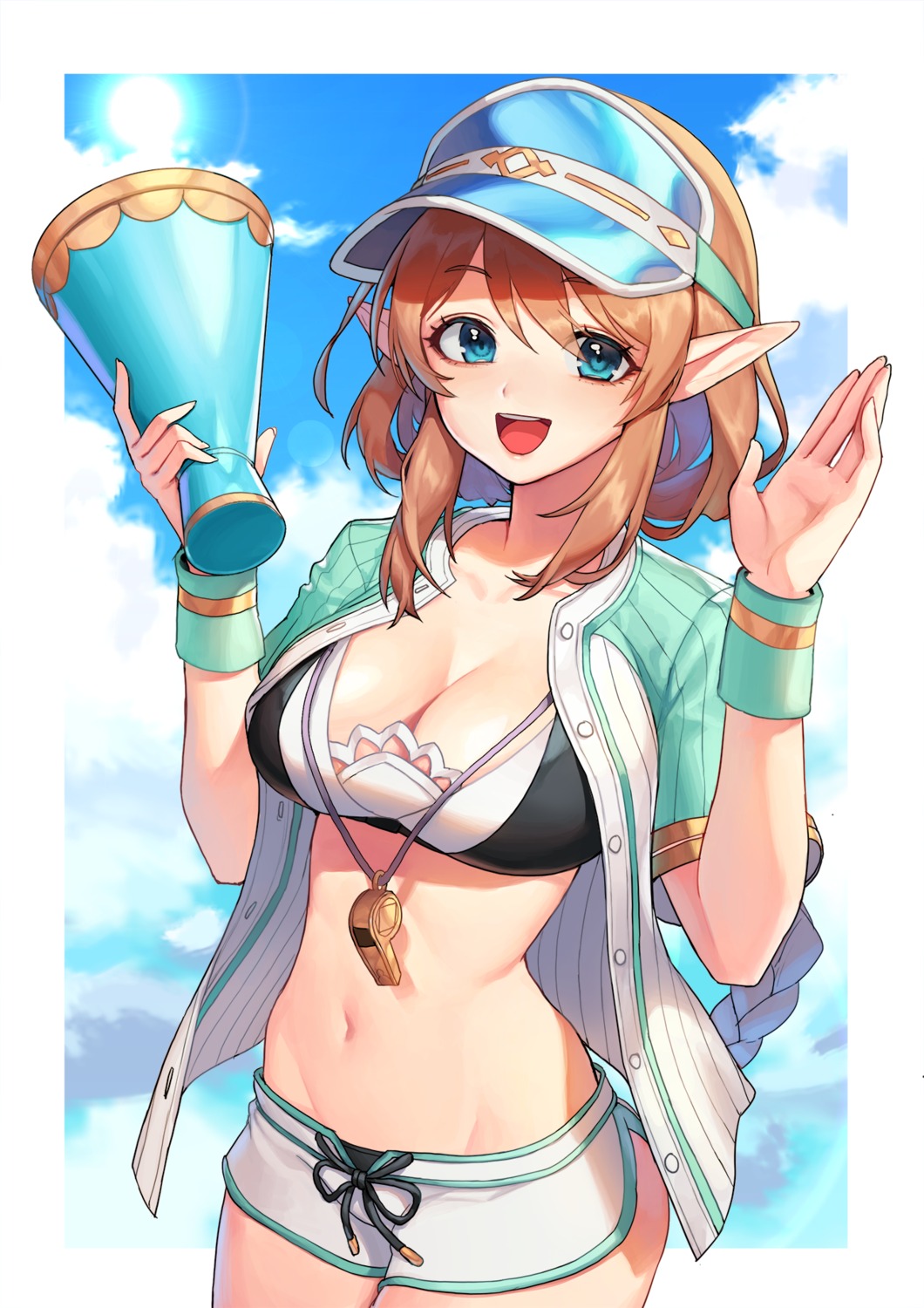 aikawa_misato, bikini, cleavage, open_shirt, osuti, pointy_ears, princess_connect!, princess_connect!_re:dive