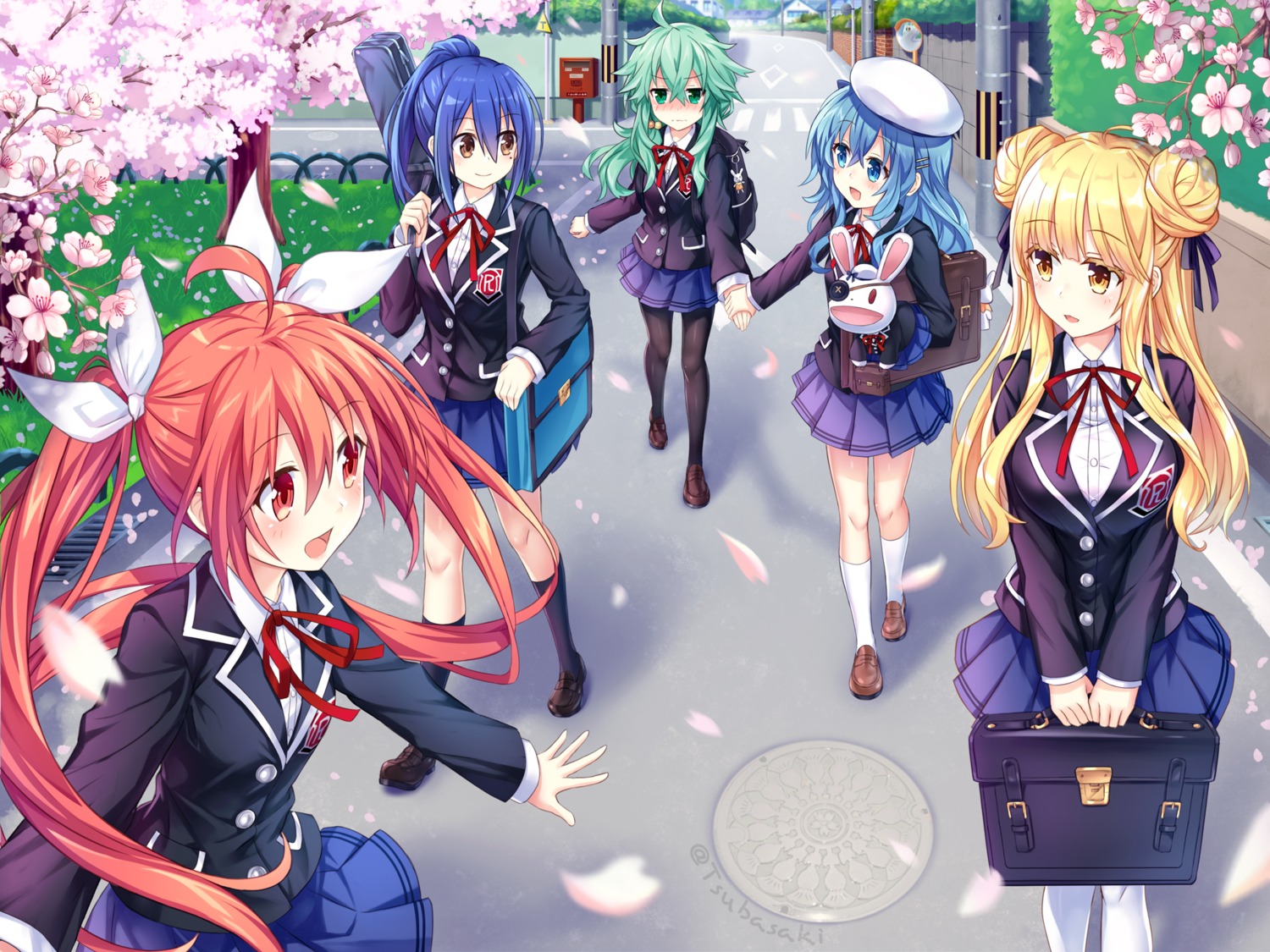 date_a_live, himekawa_yoshino, hoshimiya_mukuro, itsuka_kotori, kyouno_natsumi, pantyhose, seifuku, skirt_lift