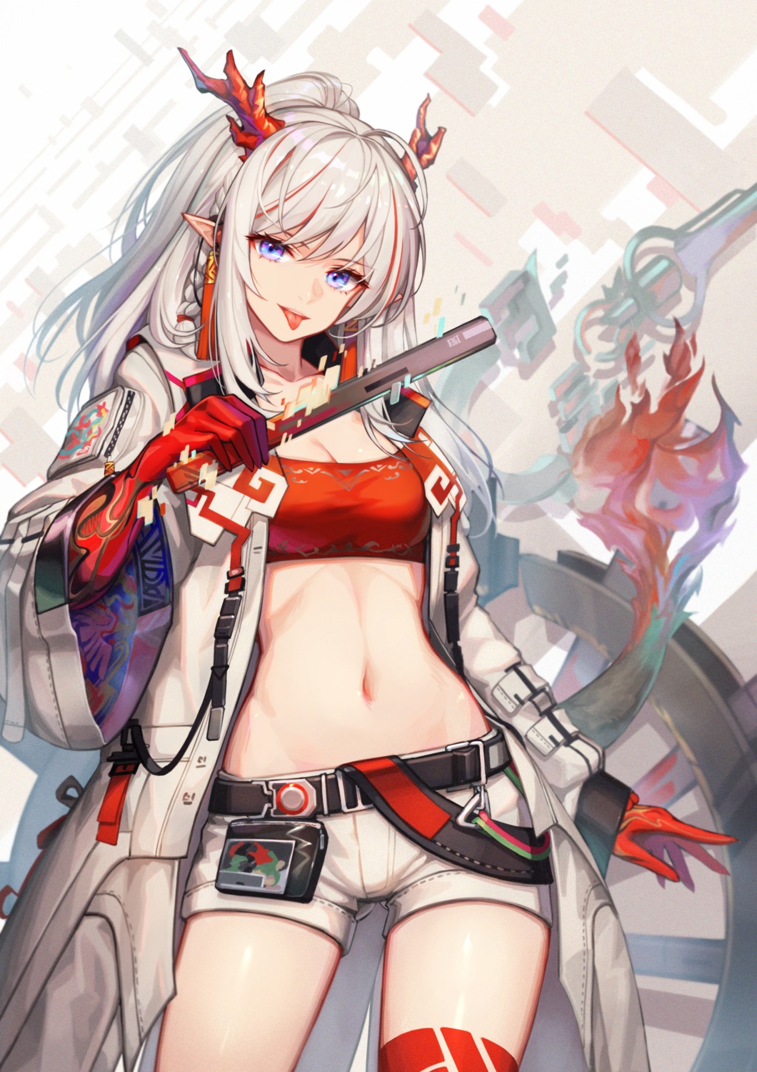 arknights, baek_hyang, cleavage, horns, nian_(arknights), open_shirt, pointy_ears, tail
