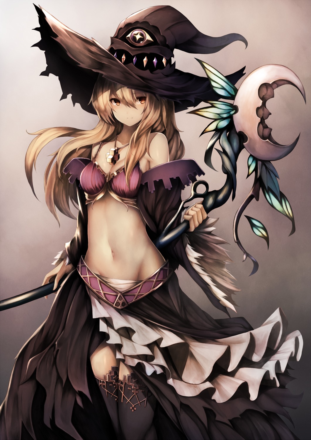 bra, cleavage, dorothy_(shadowverse), nopan, open_shirt, shadowverse, snm_(sunimi), thighhighs, weapon, witch