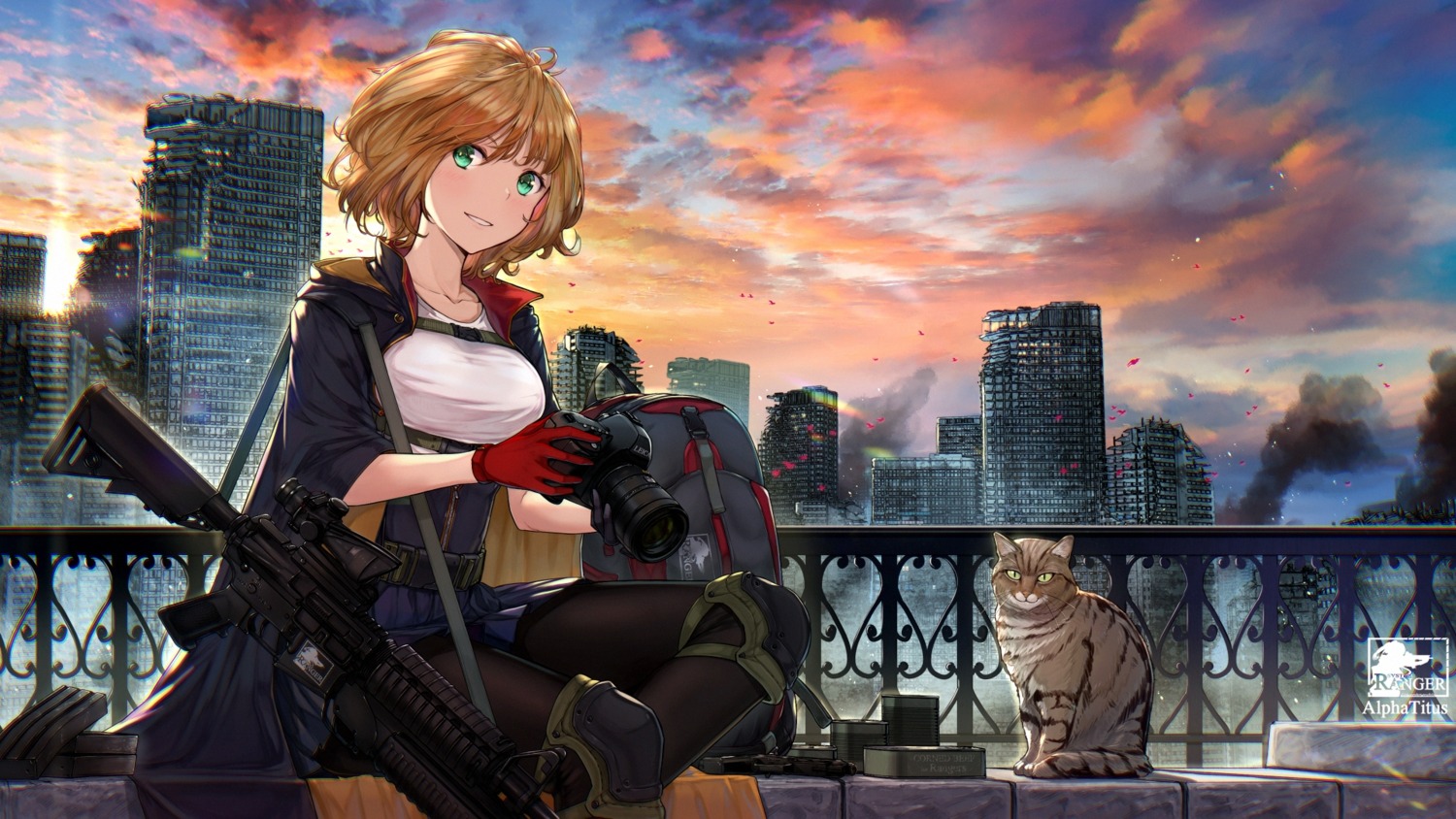 alphatitus, armor, gun, neko, pantyhose