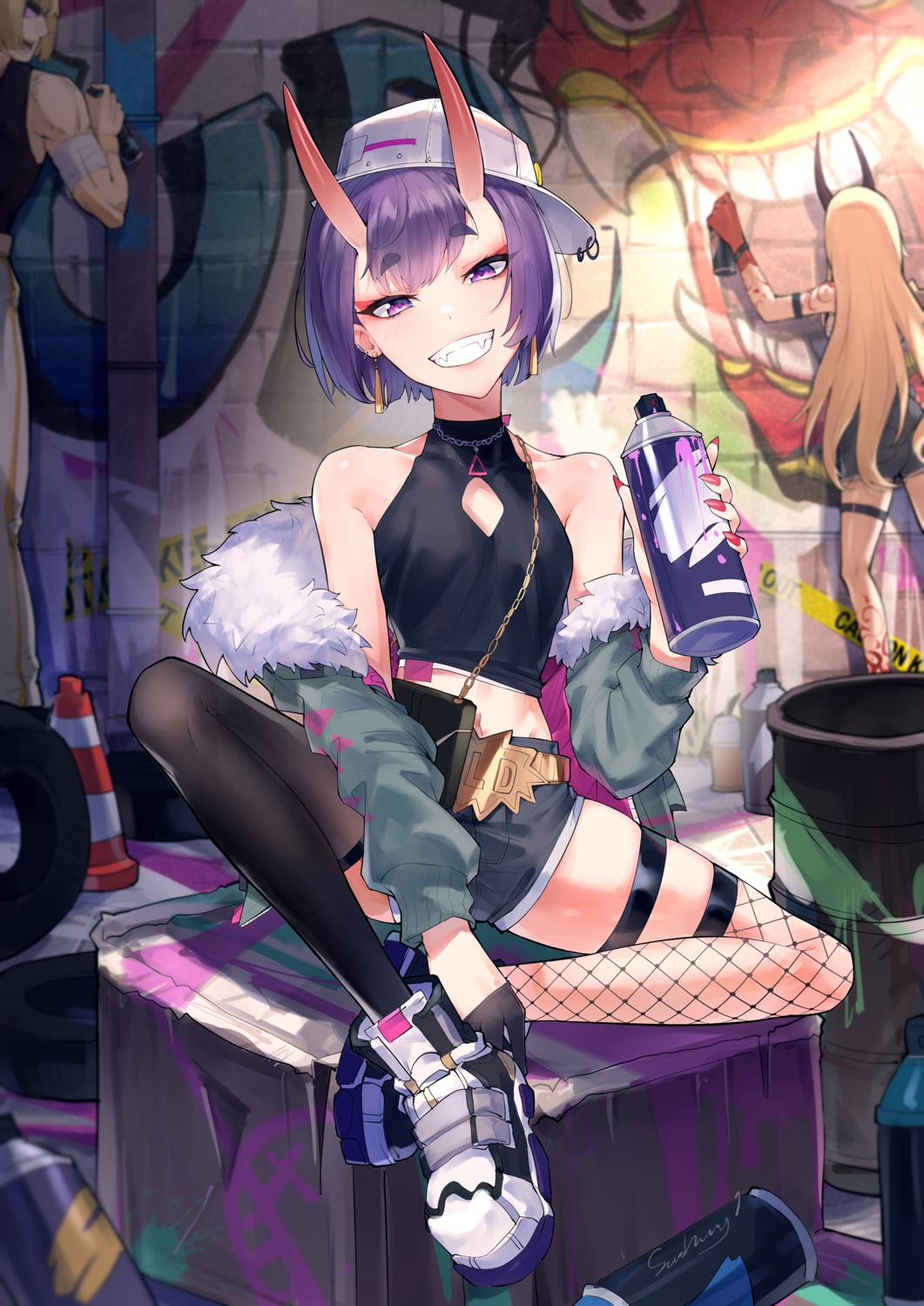 fate/grand_order, fishnets, garter, horns, kaer_sasi_dianxia, shuten_douji_(fate), tattoo, thighhighs