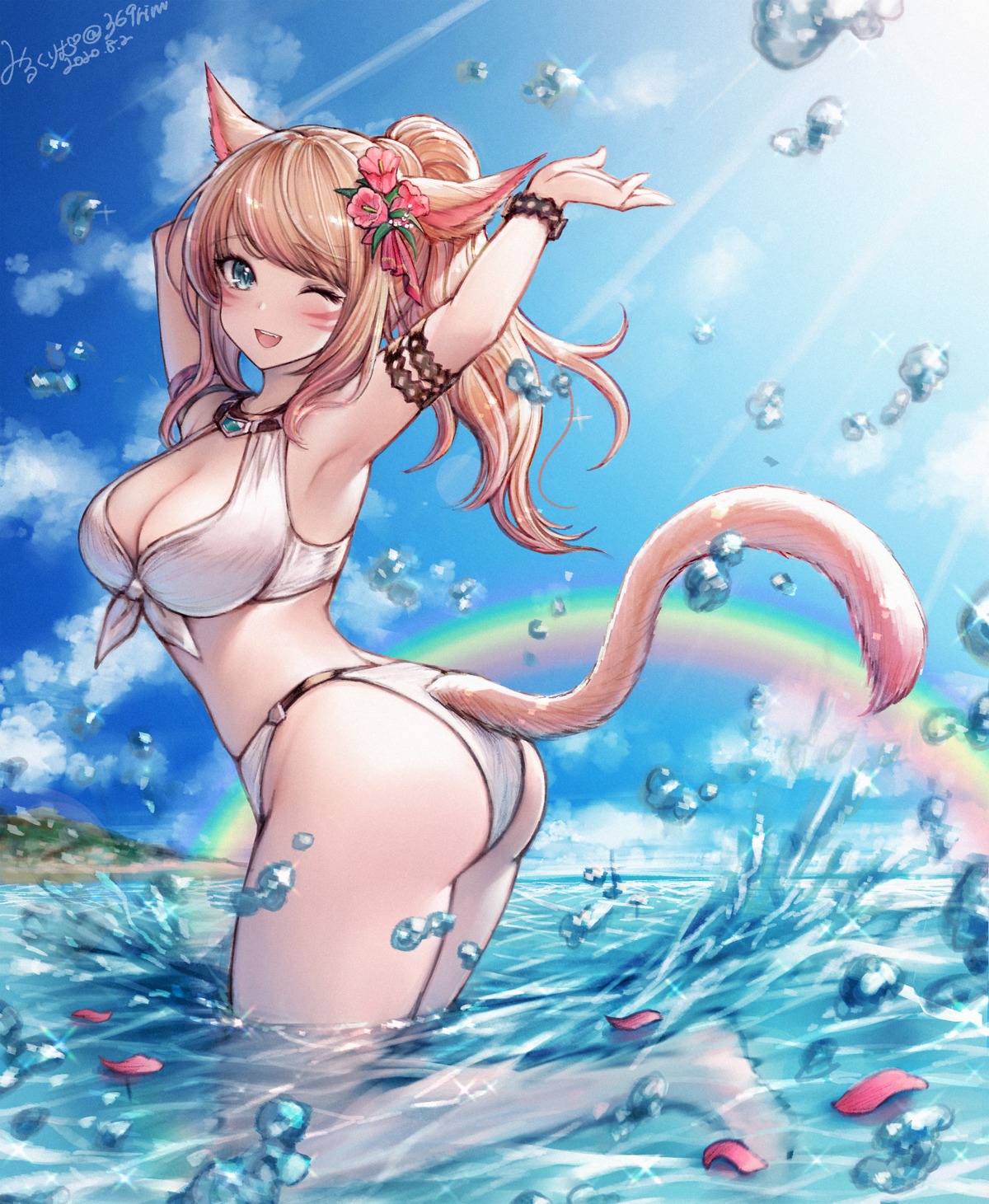 animal_ears, ass, bikini, final_fantasy, final_fantasy_xiv, mii@chiffonx, miqo'te, nekomimi