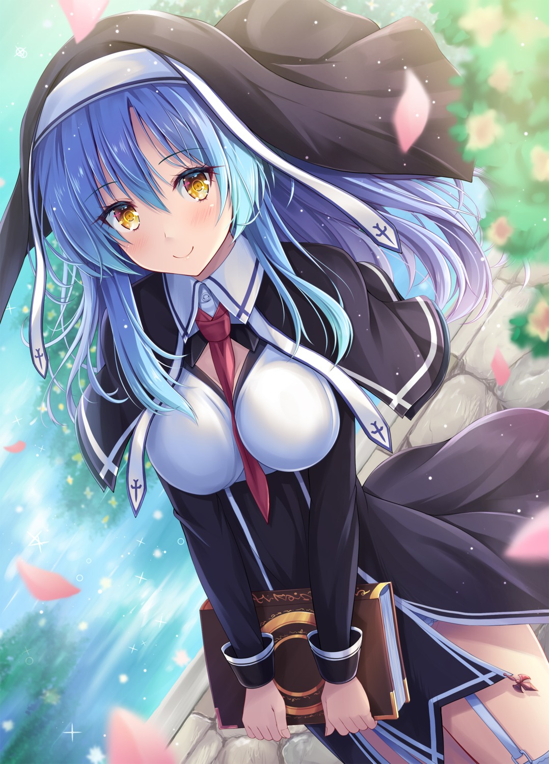 akashio, nun, skirt_lift, stockings, thighhighs