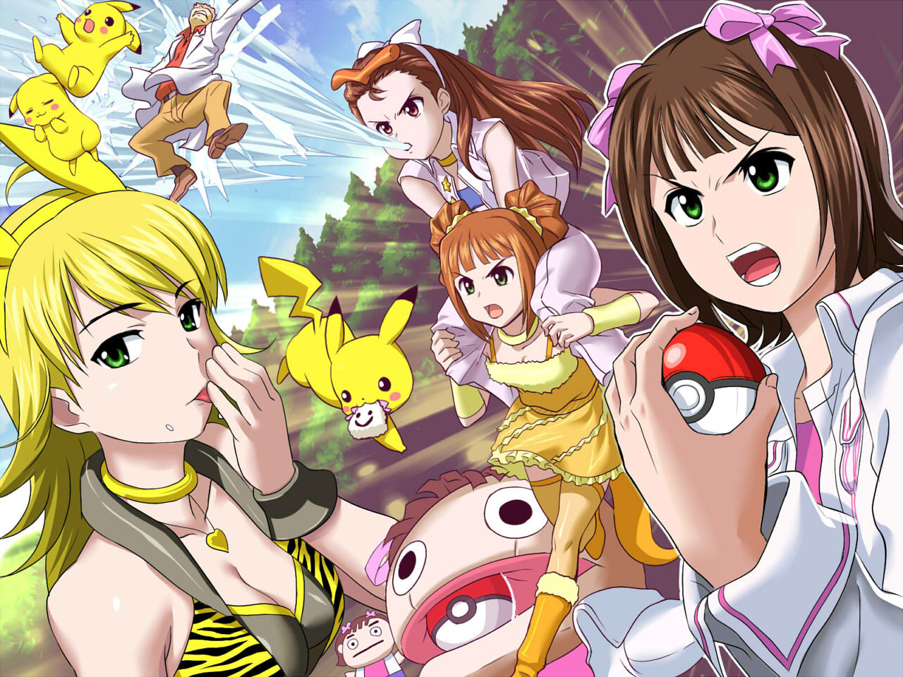 amami_haruka, g-tetsu, hoshii_miki, minase_iori, ookido_yukinari, pikachu, pokemon, takatsuki_yayoi, the_idolm@ster, wallpaper