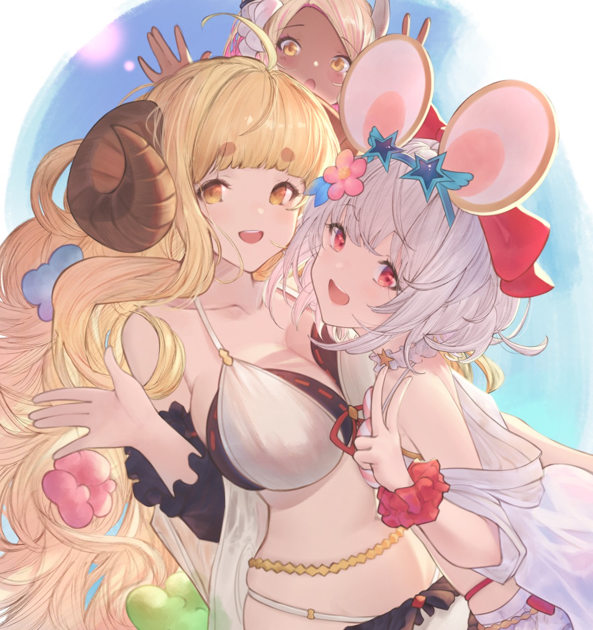 anila_(granblue_fantasy), animal_ears, betabeet, bikini, granblue_fantasy, horns, kuvira_(granblue_fantasy), swimsuits, vikala_(granblue_fantasy)