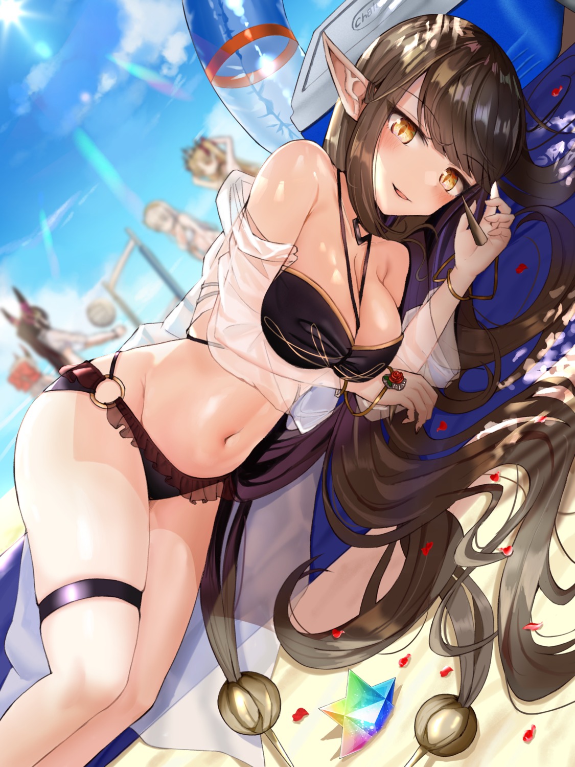 bikini, boo_iro, fate/grand_order, garter, open_shirt, pointy_ears, see_through, semiramis_(fate)