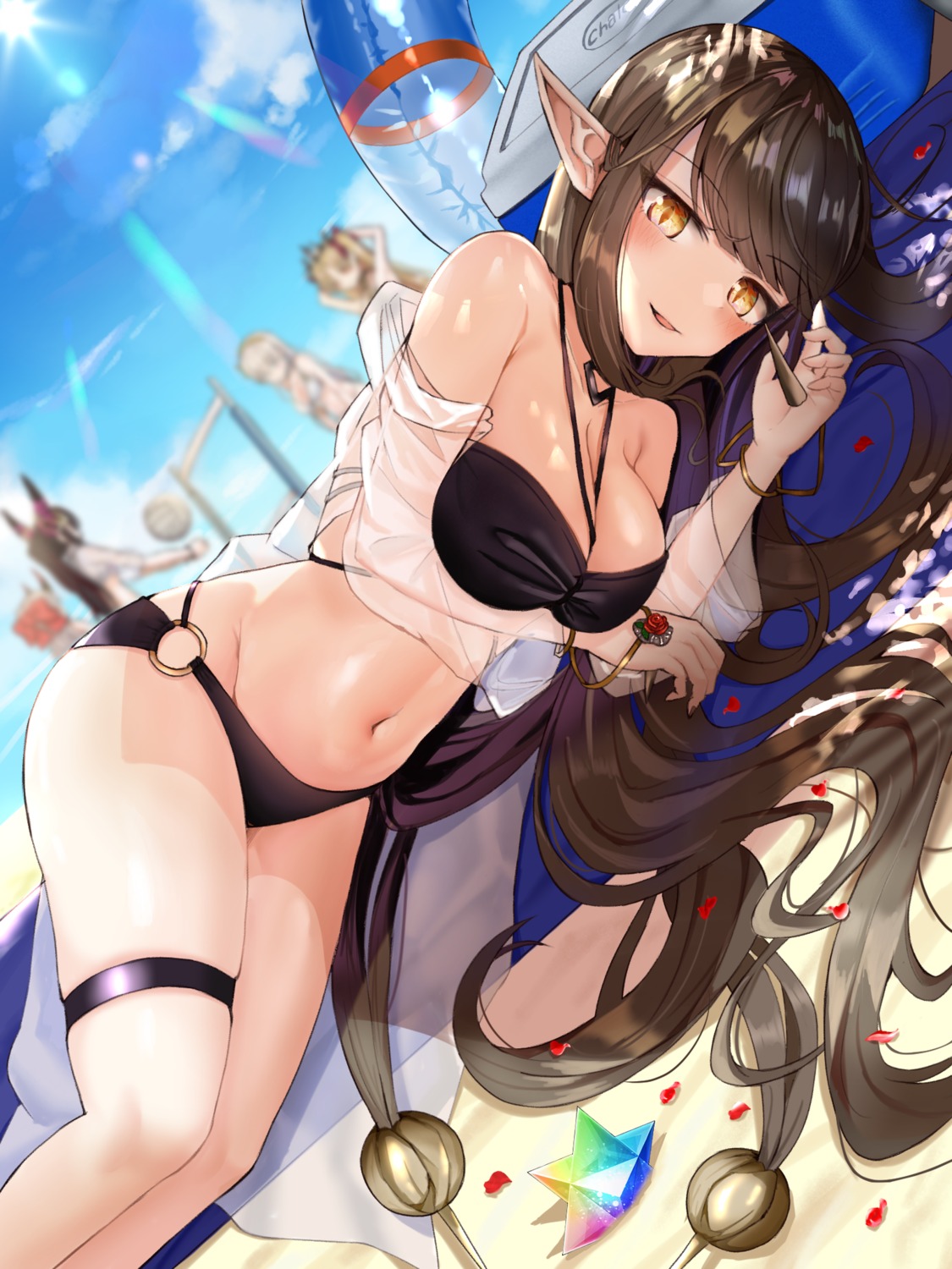 bikini, boo_iro, fate/grand_order, garter, open_shirt, pointy_ears, see_through, semiramis_(fate)