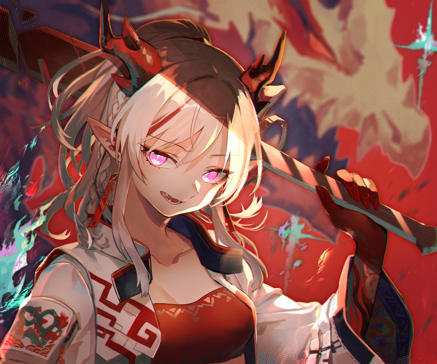 arknights, cleavage, horns, natsuiro_xx, nian_(arknights), open_shirt, pointy_ears, sword, tattoo