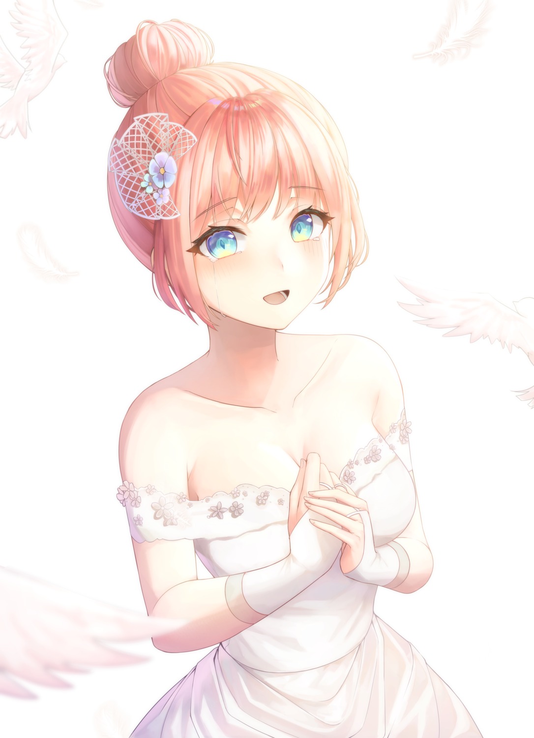 breast_hold, cleavage, dress, no_bra, numim, wedding_dress, wings