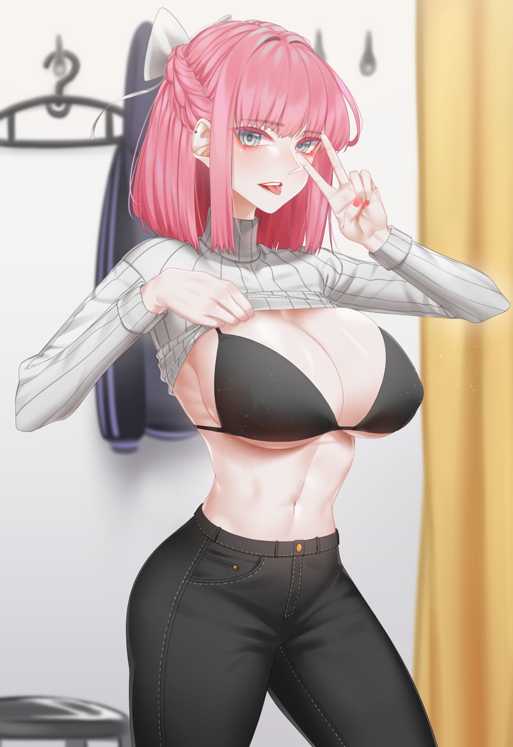 bikini_top, cleavage, llecrepyh, shirt_lift, sweater, swimsuits, undressing
