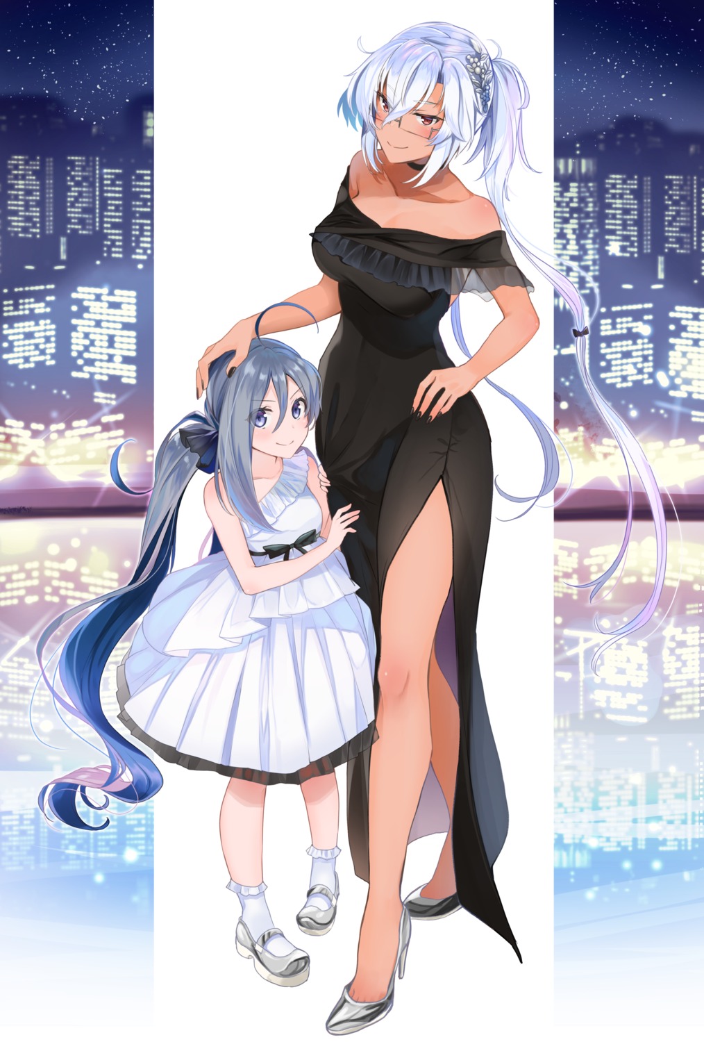 cleavage, dress, heels, kantai_collection, kiyoshimo_(kancolle), megane, musashi_(kancolle), no_bra