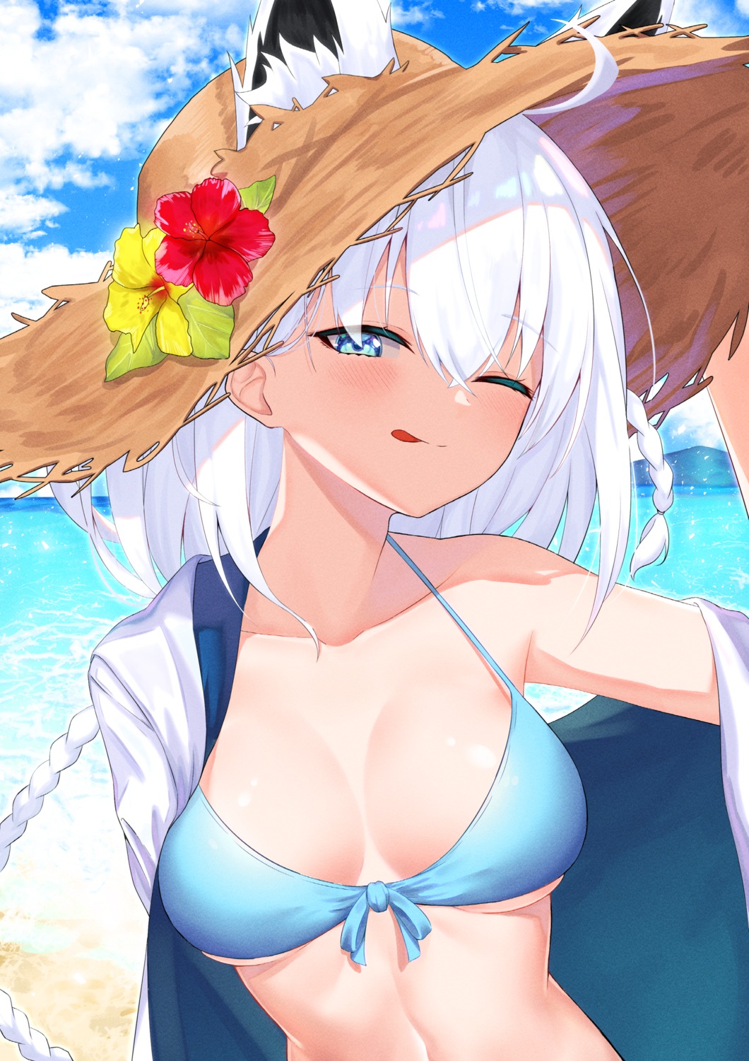animal_ears, bikini_top, hololive, hololive_gamers, kitsune, kuki_panda_(wkdwnsgk13), open_shirt, shirakami_fubuki, swimsuits