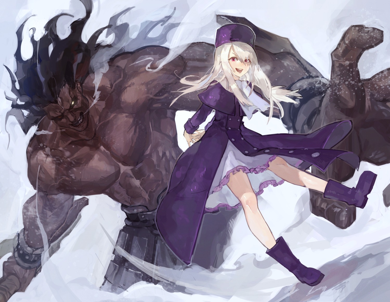dress, fate/stay_night, heracles_(fate), illyasviel_von_einzbern, skirt_lift, uedrk_yamato, weapon