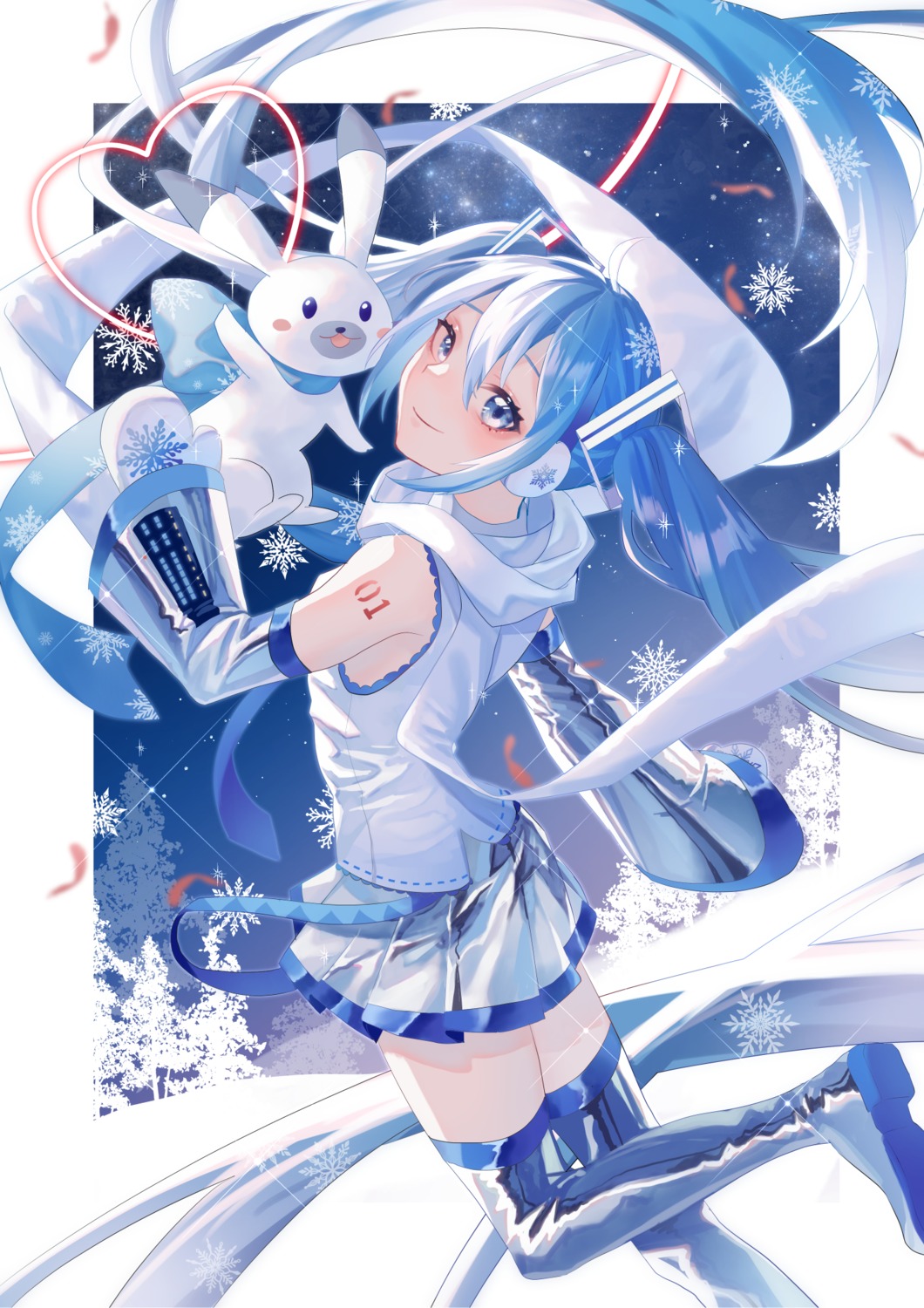 aono_99, hatsune_miku, headphones, tattoo, thighhighs, vocaloid, yuki_miku