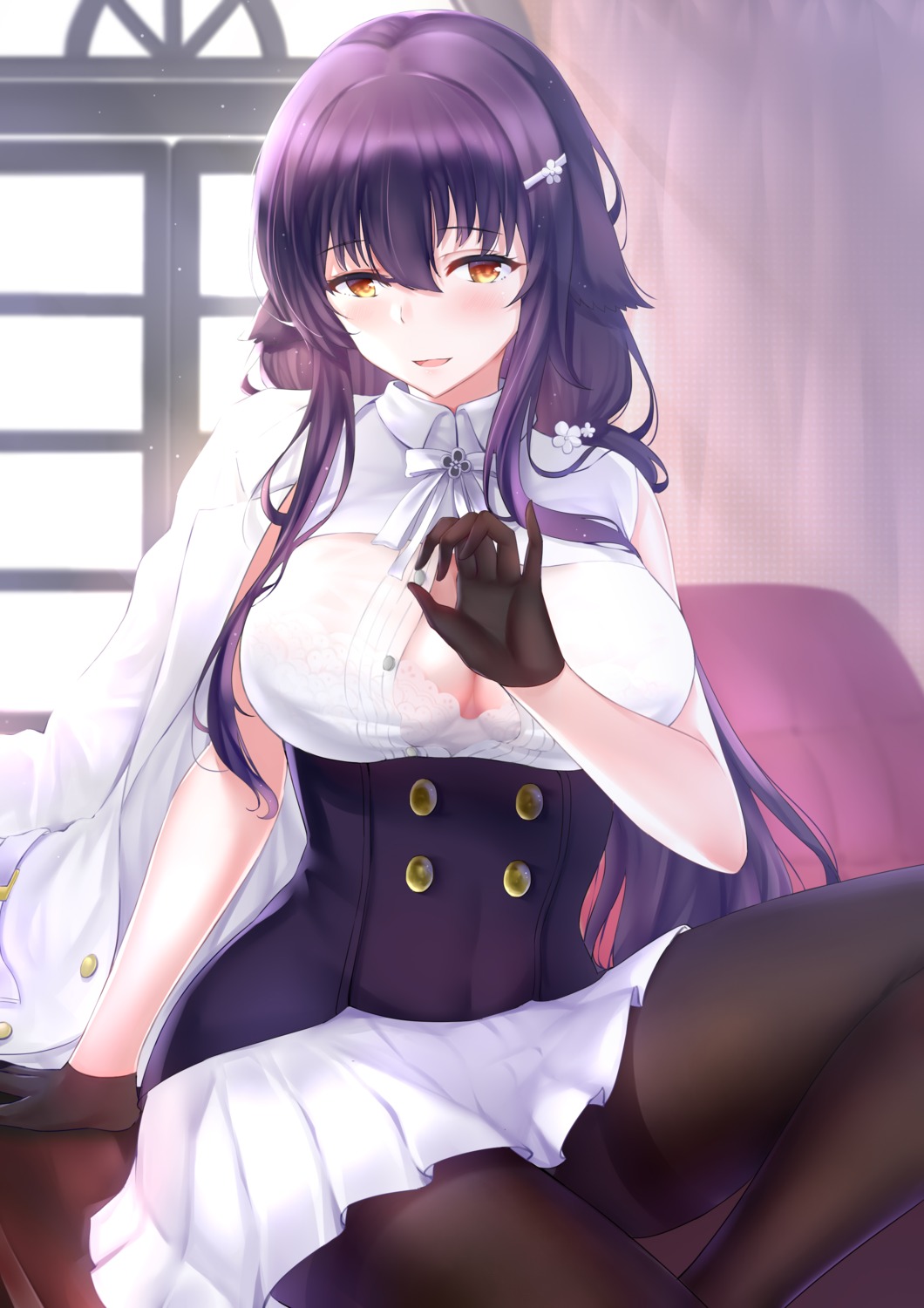 azuma_(azur_lane), azur_lane, bra, cleavage, open_shirt, pantyhose, see_through, skirt_lift, sorayo_noriyuki
