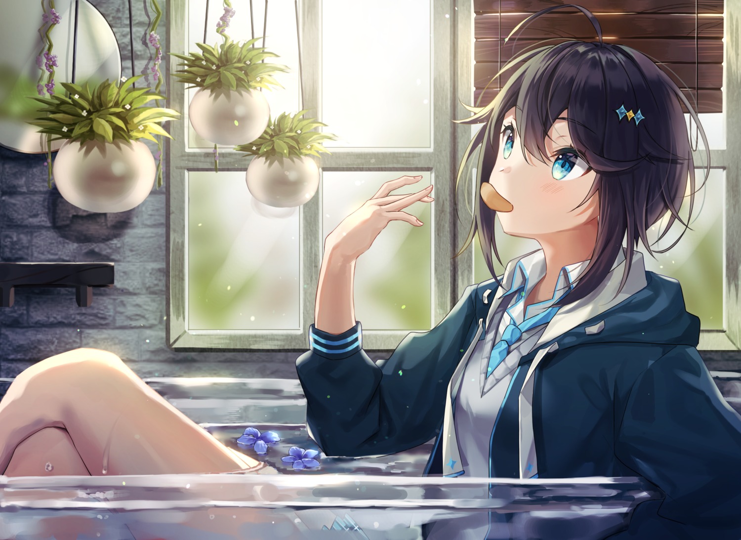 kaon_(kaon_ll), nijisanji, seifuku, sorahoshi_kirame, sweater, wet