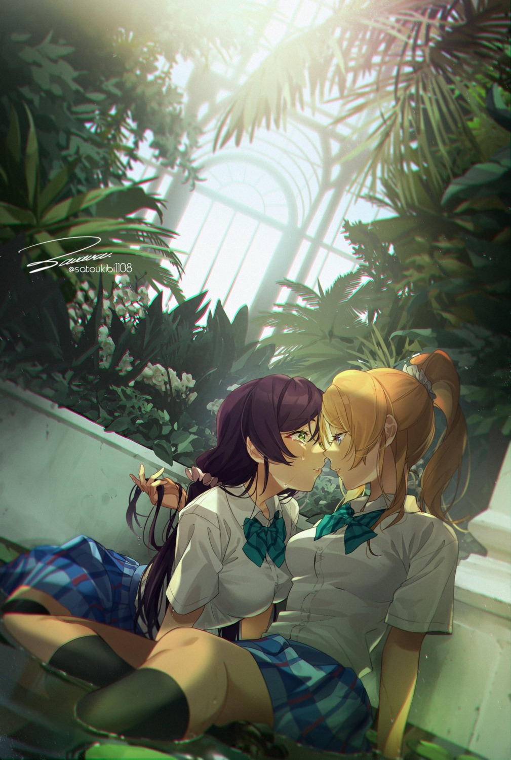 ayase_eli, love_live!, love_live!_(series), seifuku, thighhighs, toujou_nozomi, wet, yuri, zawawa_(satoukibi1108)