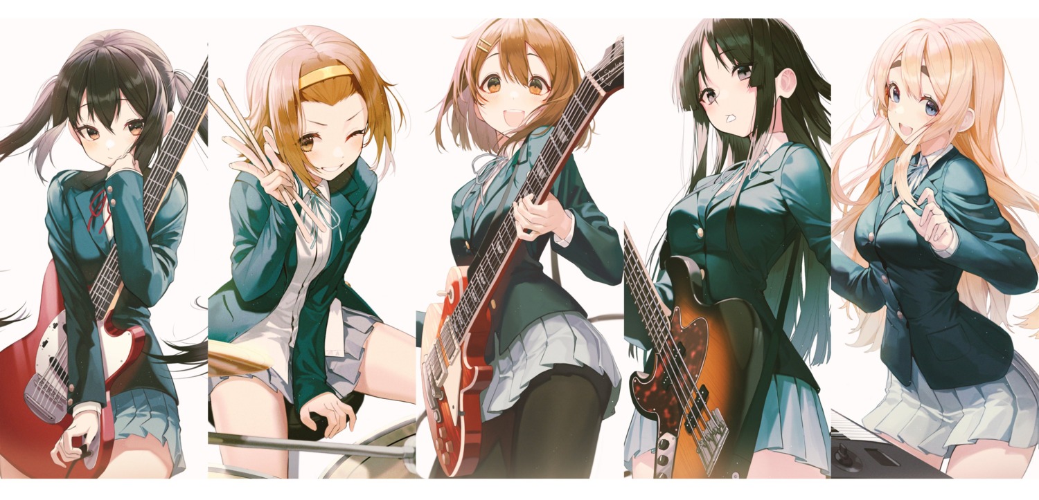 akiyama_mio, guitar, hirasawa_yui, k-on!, kotobuki_tsumugi, nakano_azusa, pantyhose, pro-p, seifuku, skirt_lift, tainaka_ritsu