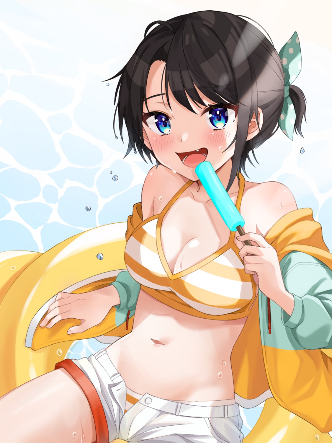 bikini, cleavage, hololive, moonbell, oozora_subaru, open_shirt, swimsuits, wet