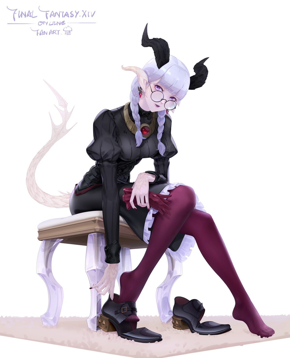 au_ra, final_fantasy, final_fantasy_xiv, heels, horns, konghai_shanren, megane, pointy_ears, tail