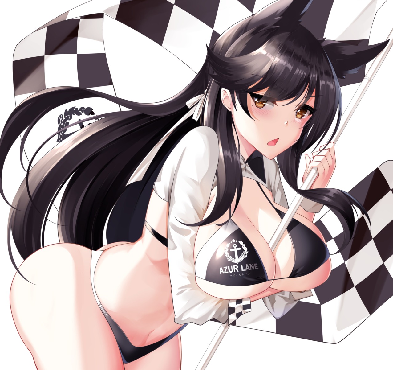 animal_ears, atago_(azur_lane), azur_lane, bikini, breast_hold, swimsuits, yan_lie