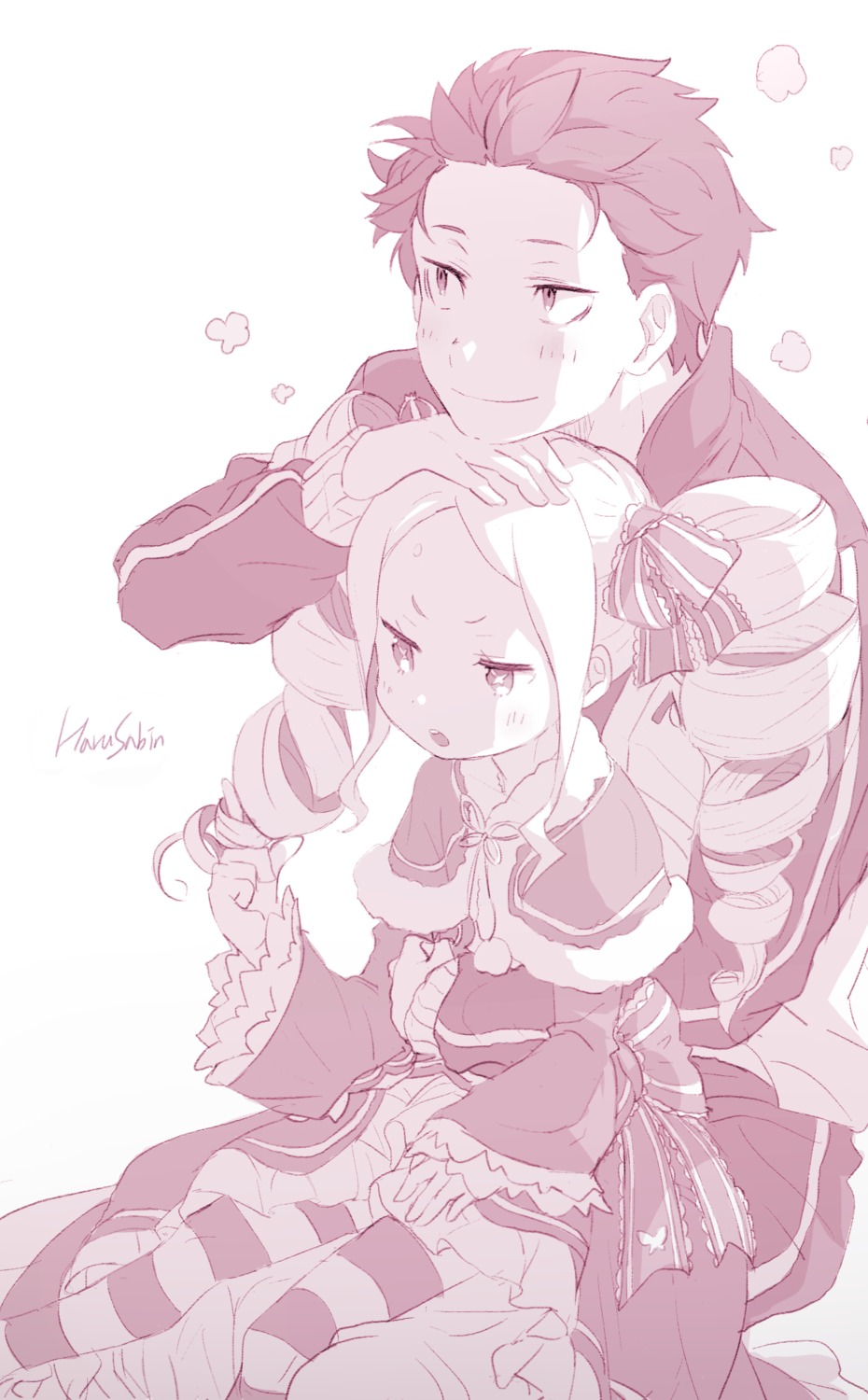 beatrice_(re_zero), gym_uniform, harusabin, lolita_fashion, monochrome, natsuki_subaru, pantyhose, re:zero_kara_hajimeru_isekai_seikatsu