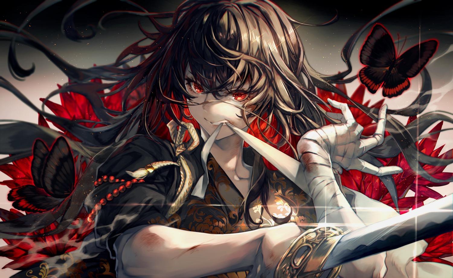 bandages, blood, dearrose, japanese_clothes, sword