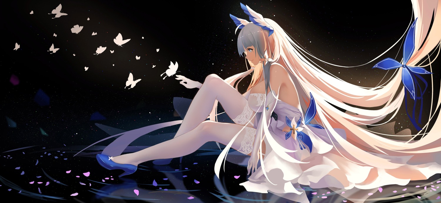 artist_revision, azur_lane, dress, heels, illustrious_(azur_lane), no_bra, stockings, thighhighs, wjn-rance