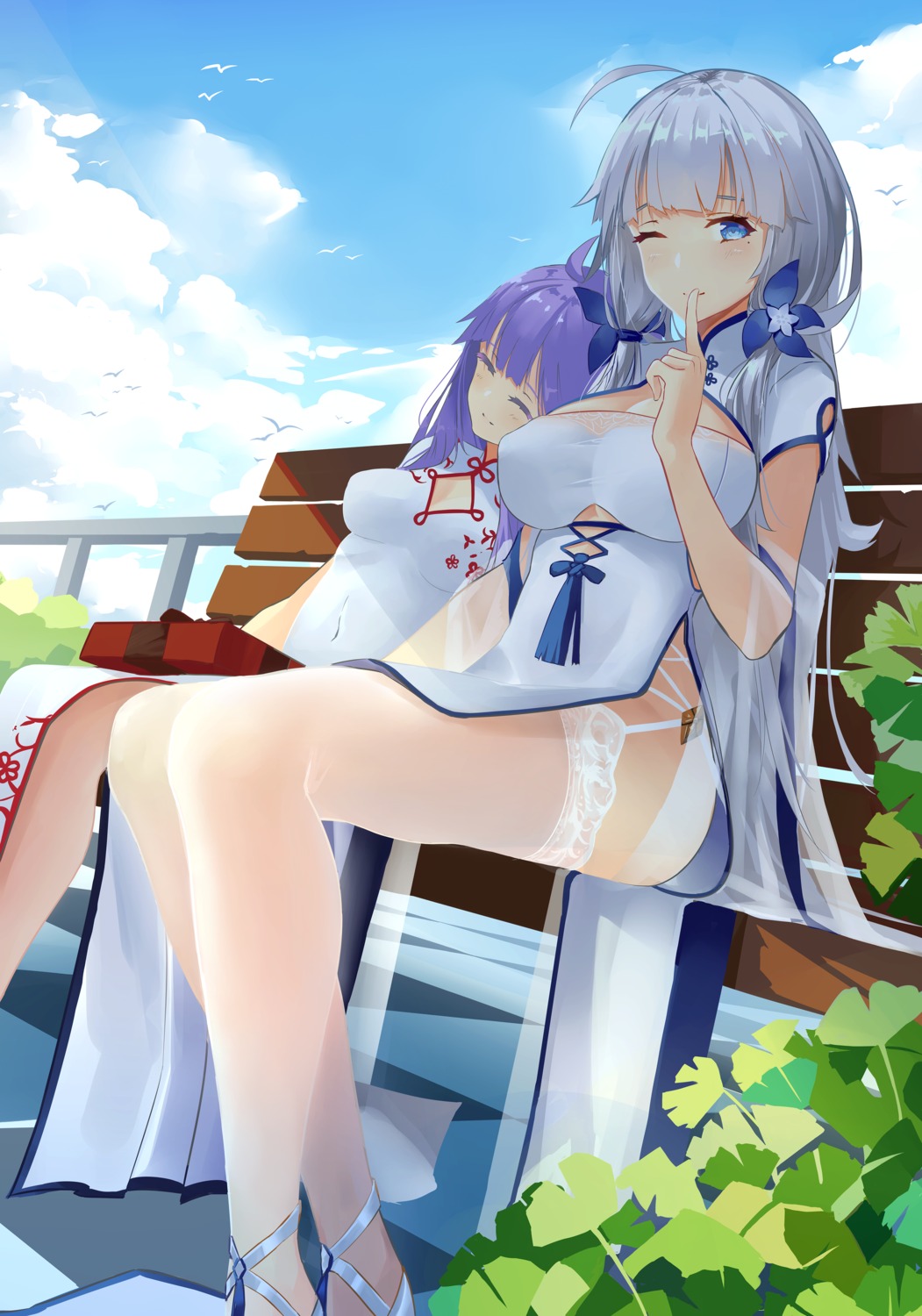artist_revision, azur_lane, chinadress, cleavage, illustrious_(azur_lane), stockings, thighhighs, unicorn_(azur_lane), wjn-rance
