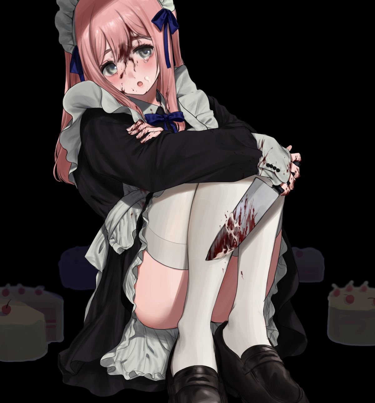 blood, maid, skirt_lift, thighhighs, weapon, youichi_(45_01)
