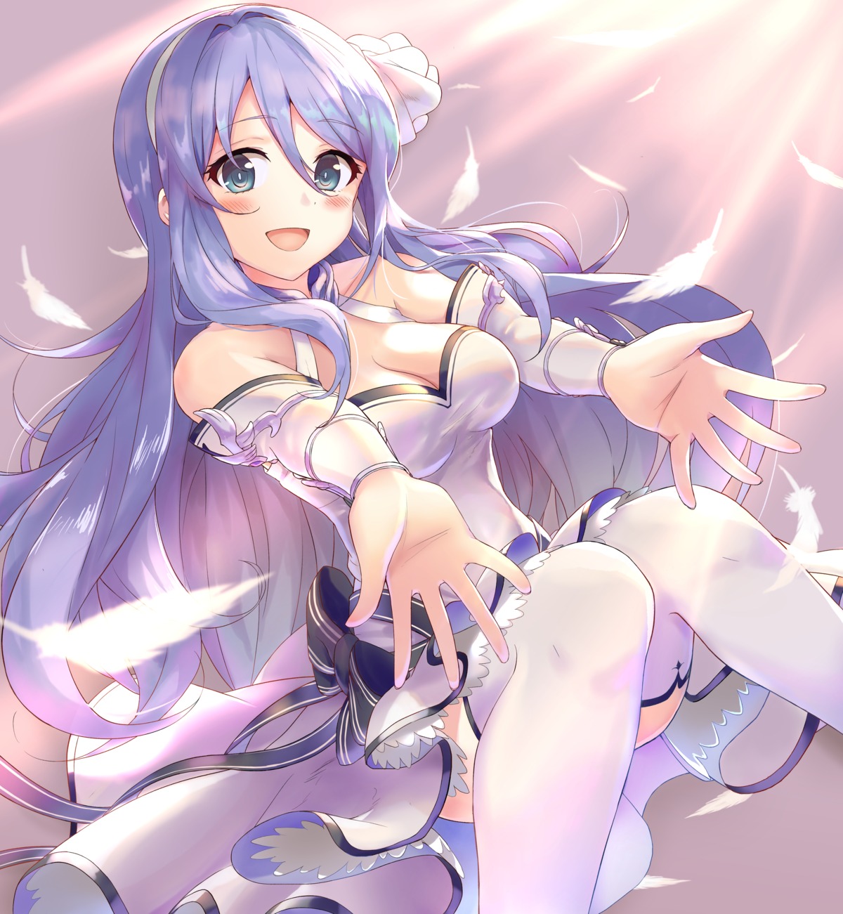 cleavage, dress, hoshino_shizuru, no_bra, princess_connect!, princess_connect!_re:dive, shuucream_(syuichi), skirt_lift, thighhighs