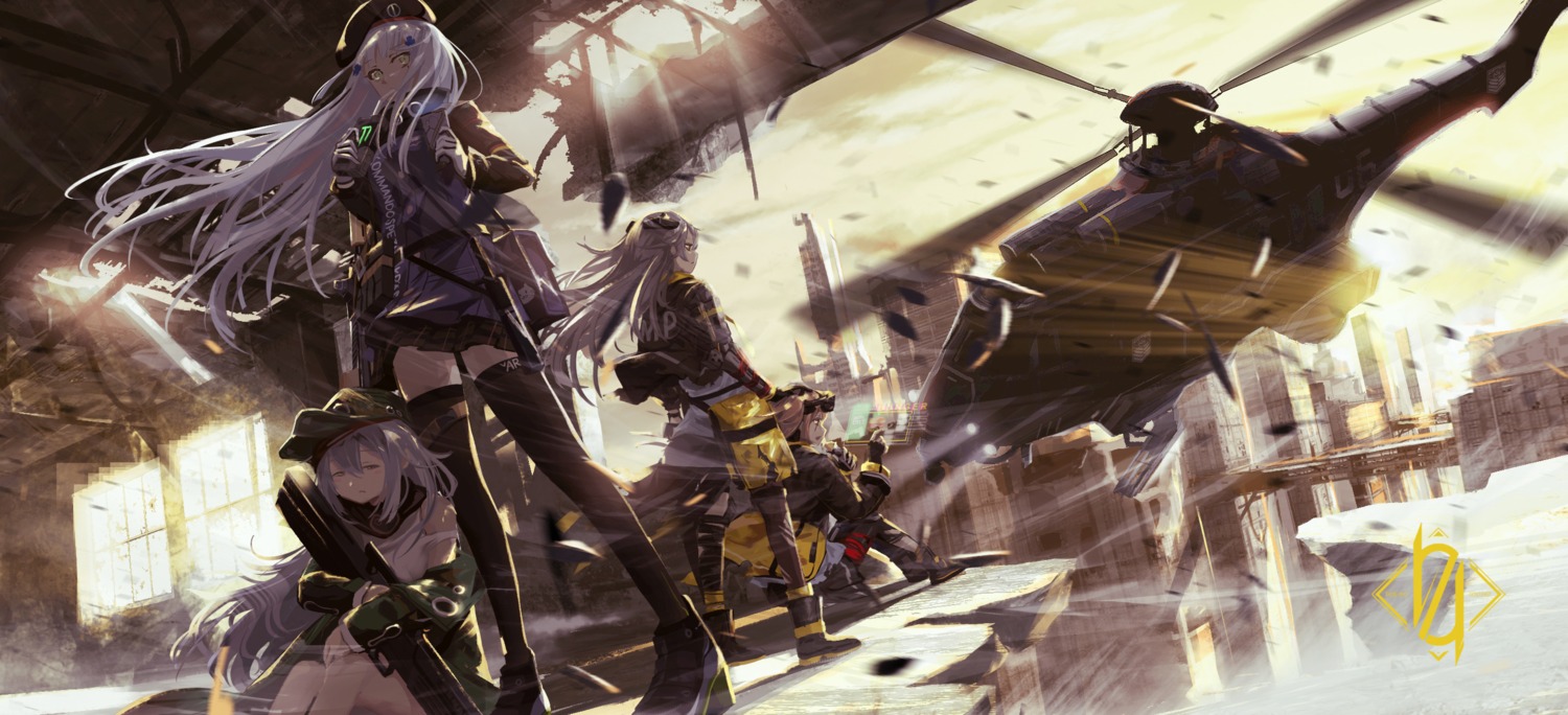 aritsuno, g11_(girls_frontline), girls_frontline, gun, hk416_(girls_frontline), skirt_lift, thighhighs, ump45_(girls_frontline)