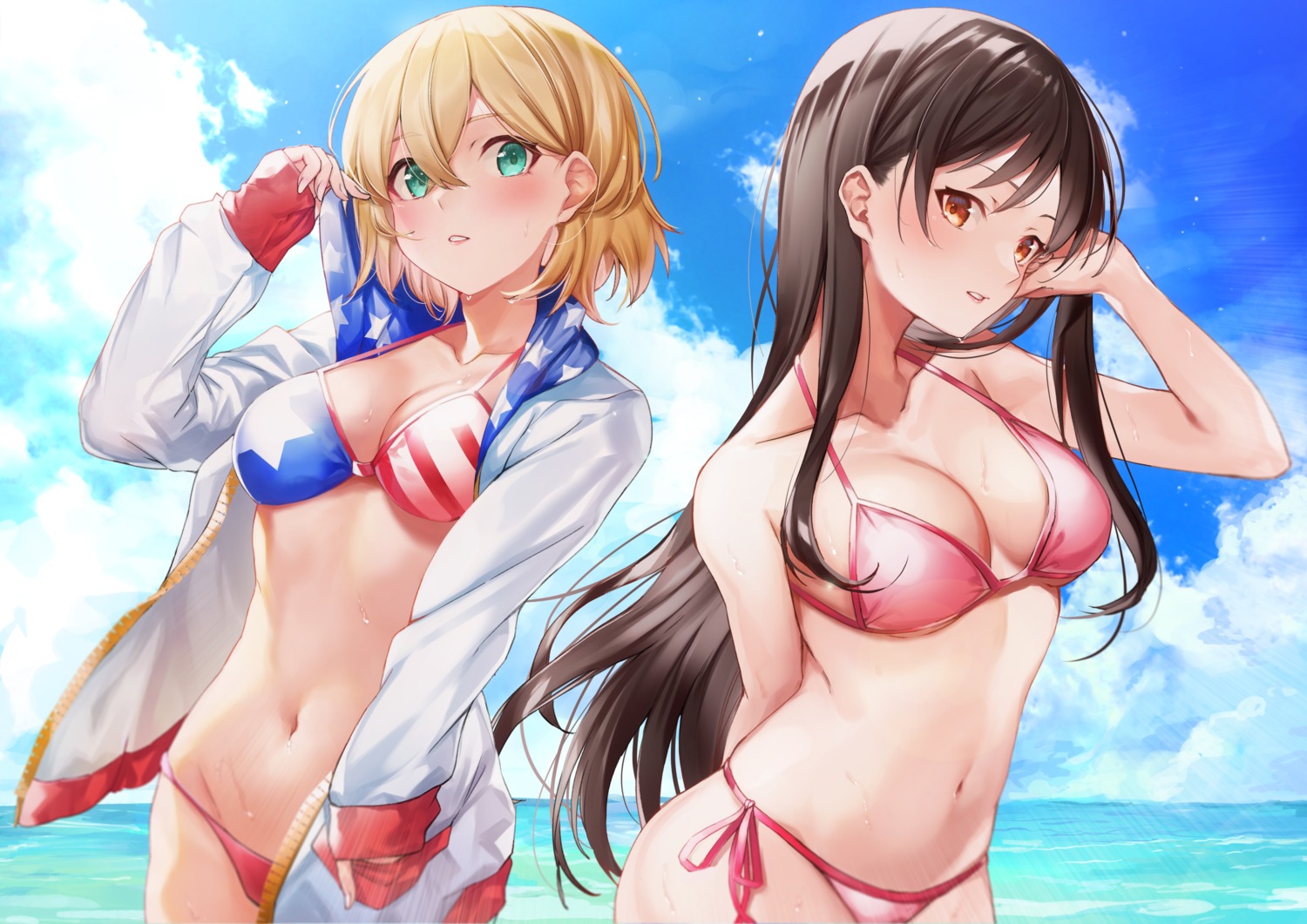 bikini, cleavage, hachiroku_(hatirokusann86), ichinose_chizuru, kanojo_okarishimasu, nanami_mami, open_shirt, swimsuits