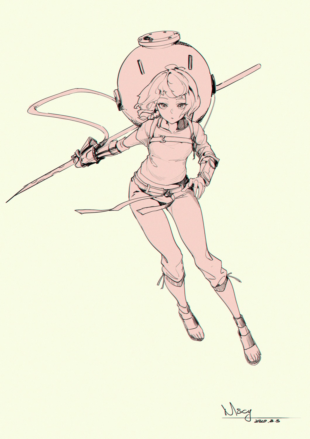 armor, deca_dence, miyama_tsubaki_me, monochrome, natsume_(deca_dence), sketch, sword, torn_clothes