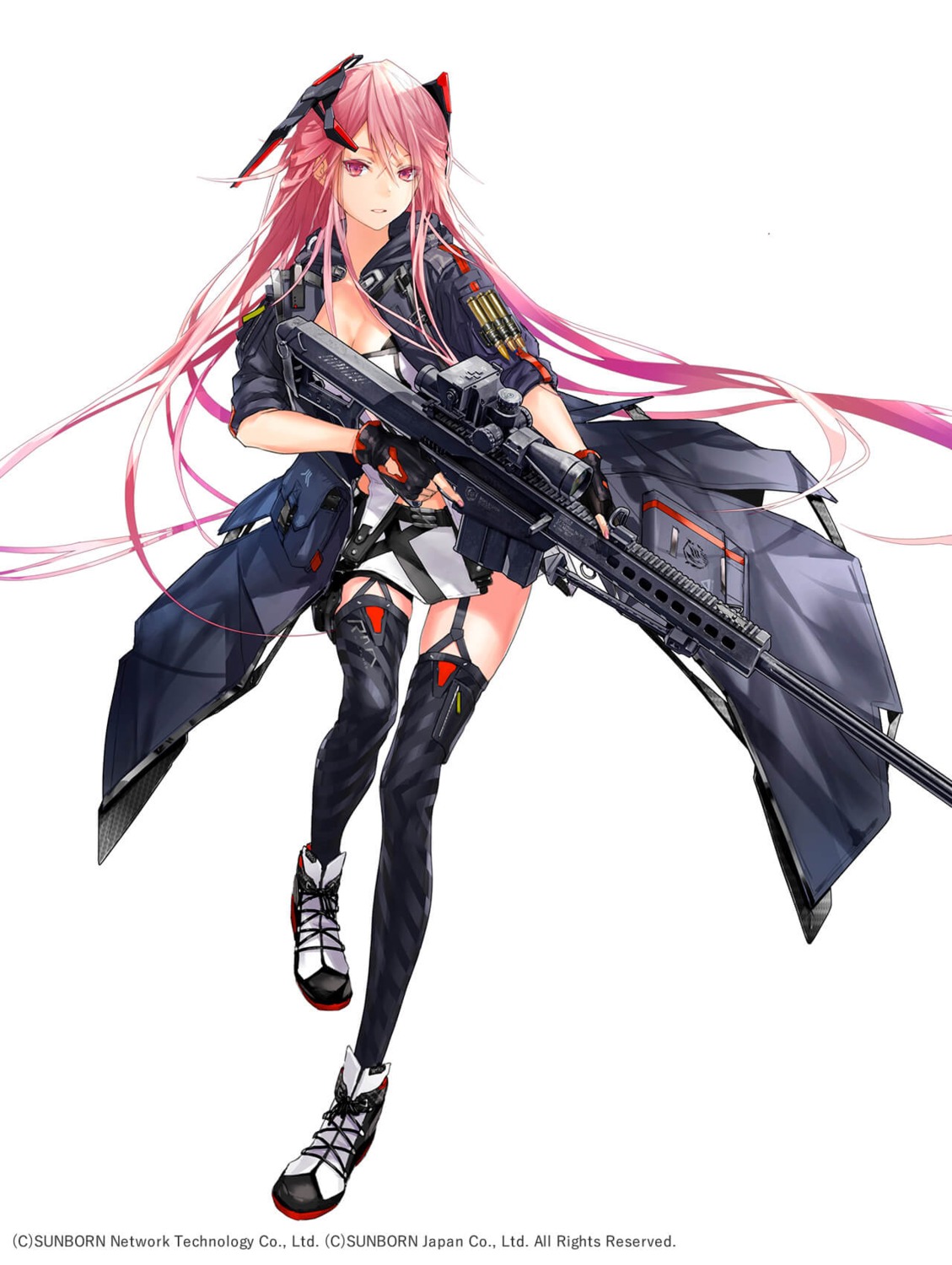 cleavage, girls_frontline, gun, m82a1_(girls_frontline), redjuice, stockings, thighhighs