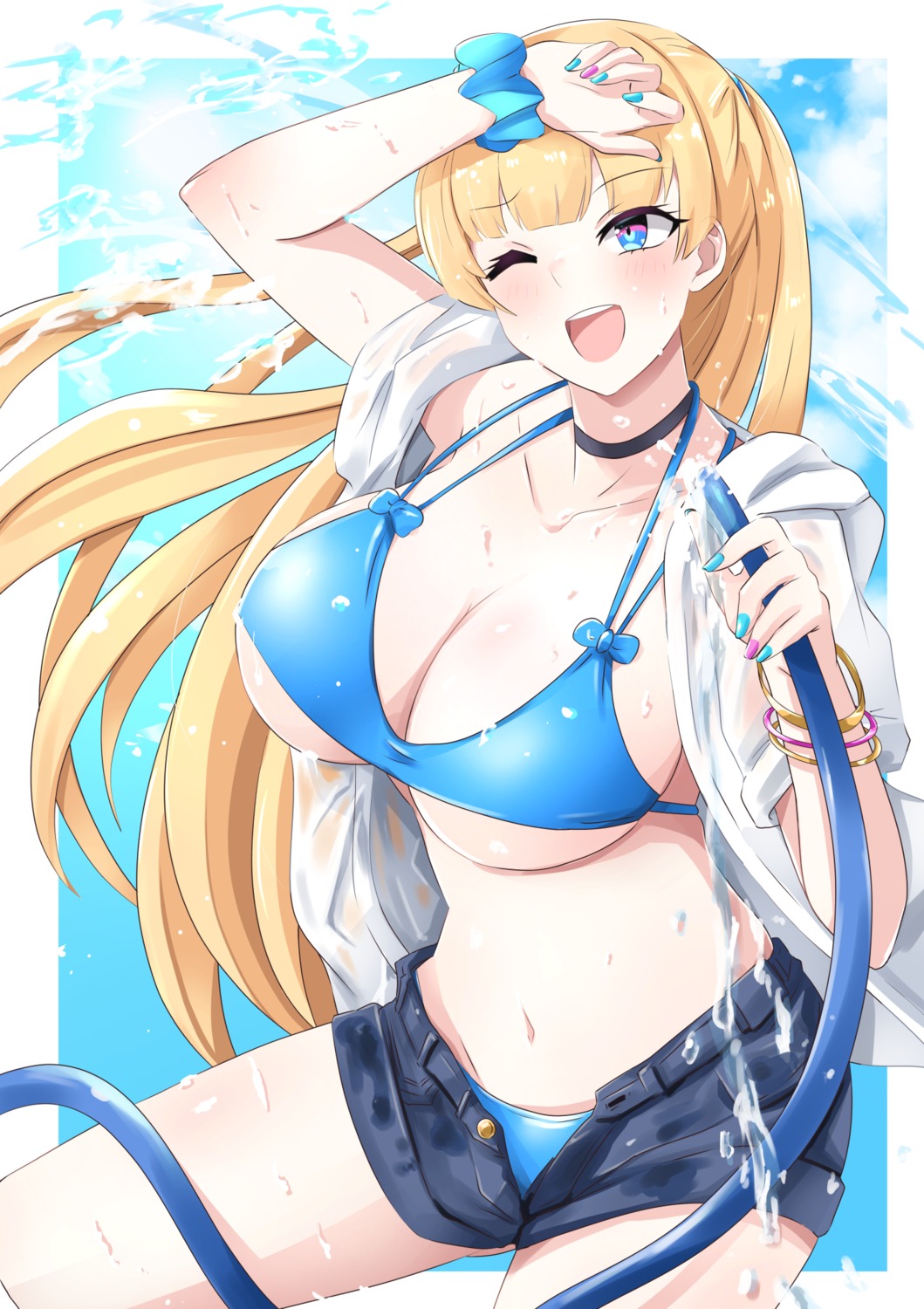 bikini, gudon_(iukhzl), lina_bell_roll, open_shirt, see_through, swimsuits, wet, wet_clothes