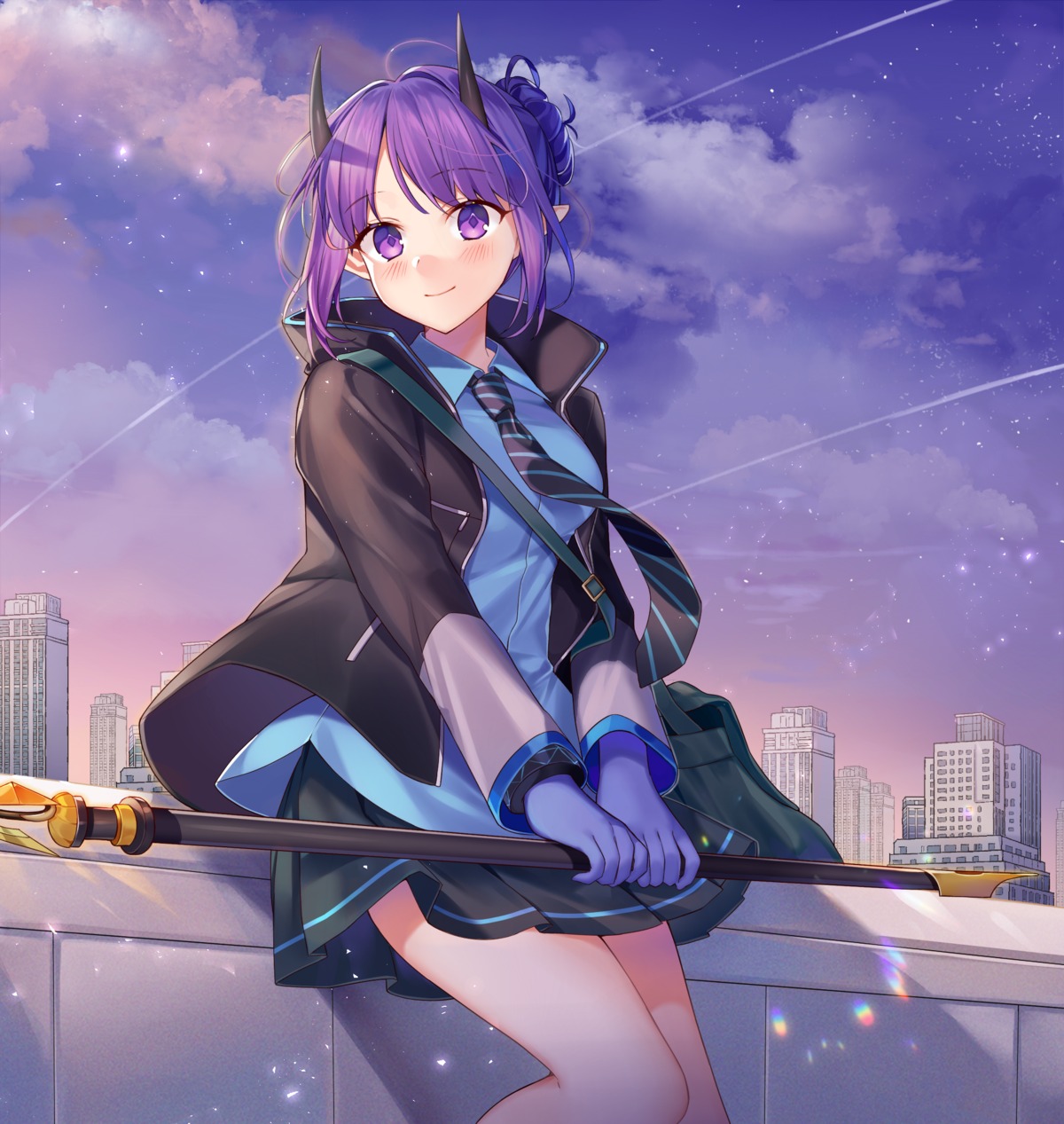 arknights, hibiscus_(arknights), horns, ion_(on01e), pointy_ears, seifuku, weapon