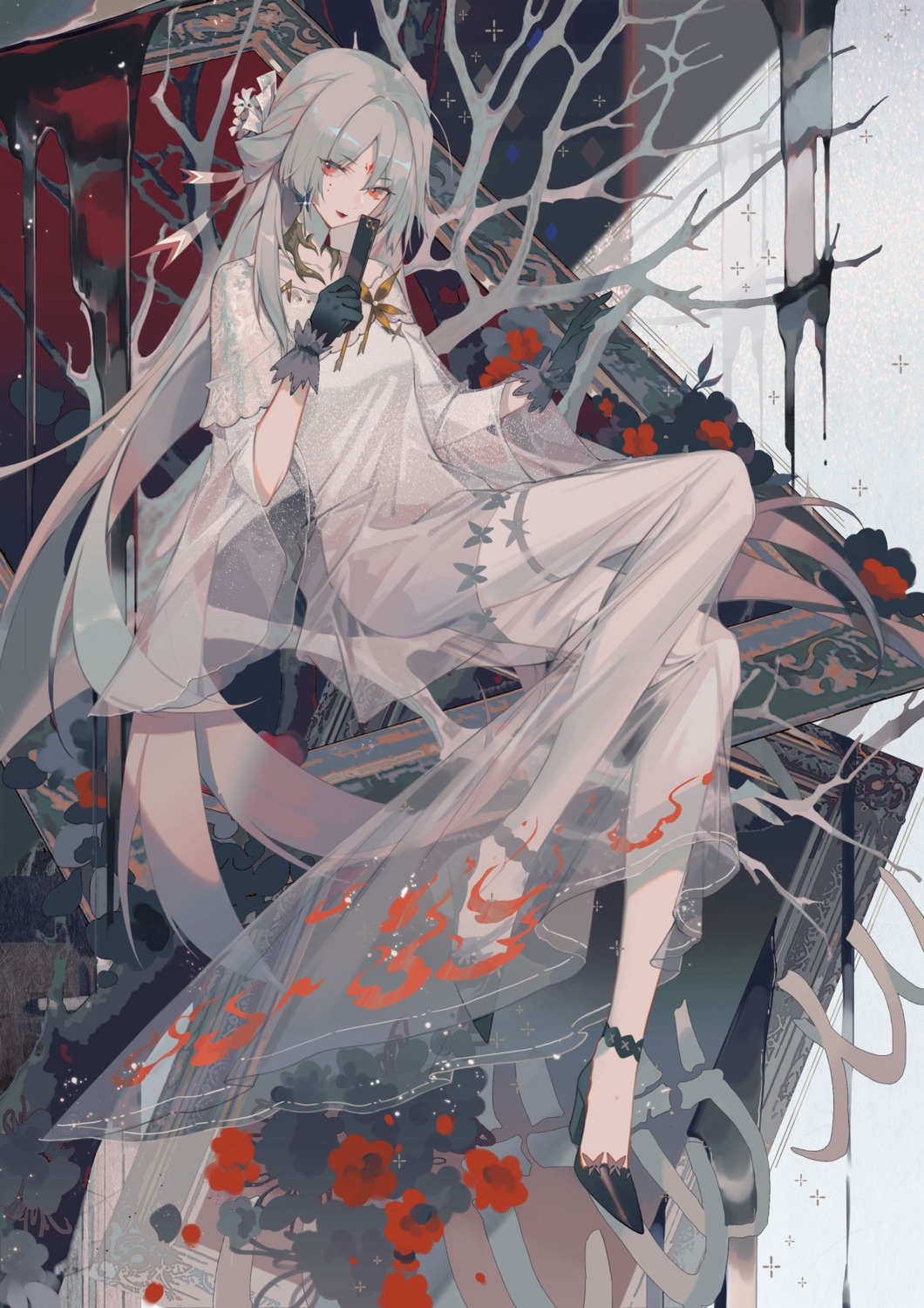 dress, garter, heels, onmyouji, see_through, shiranui_(onmyouji), tattoo, zhuzhu