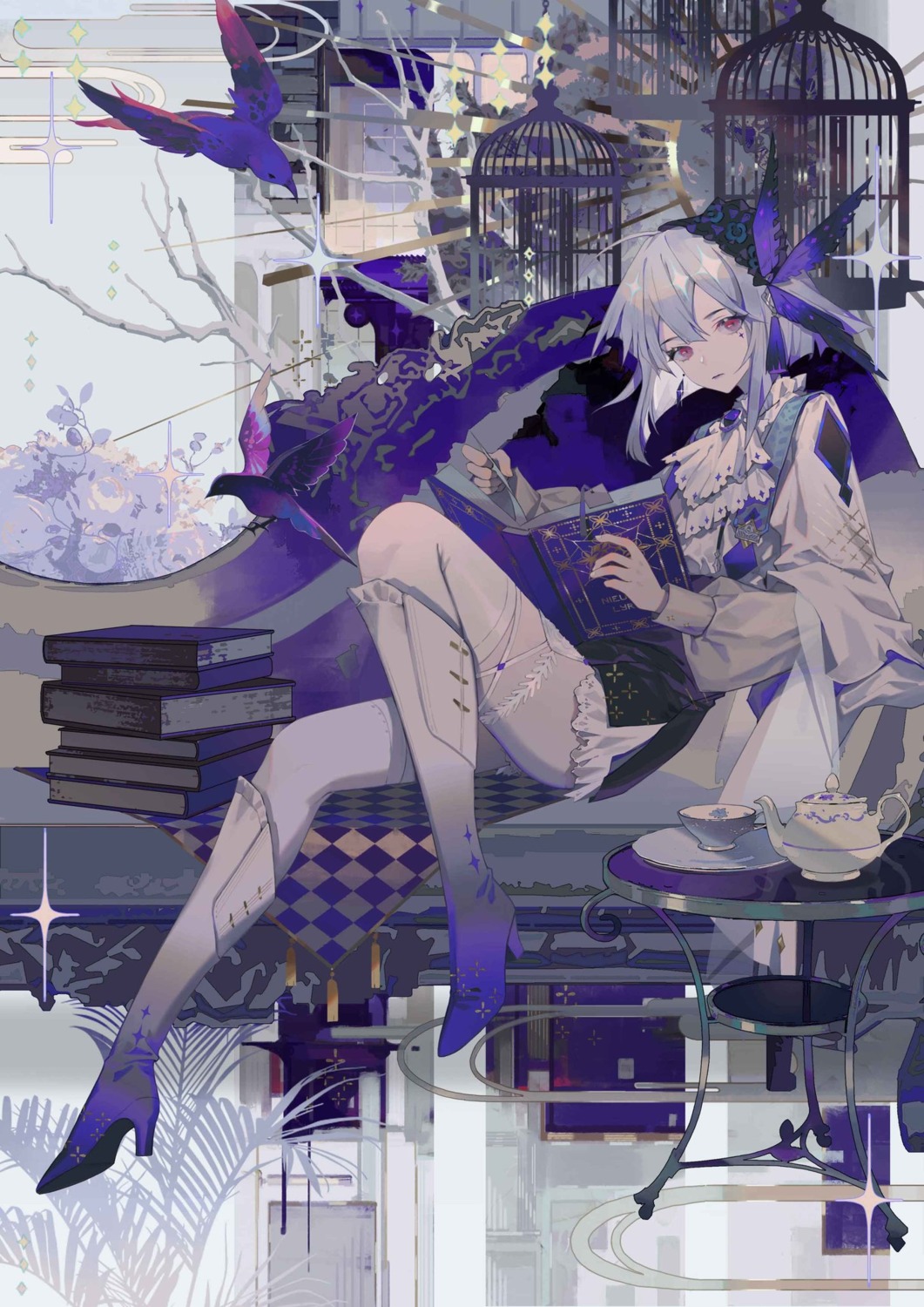 garter, heels, onmyouji, skirt_lift, tattoo, thighhighs, zhuzhu