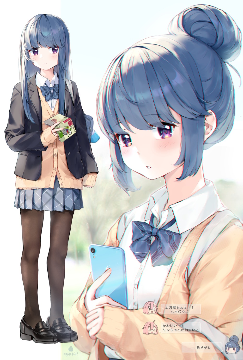 chibi, kagamihara_nadeshiko, pantyhose, ringosutta, seifuku, shima_rin, sweater, yurucamp