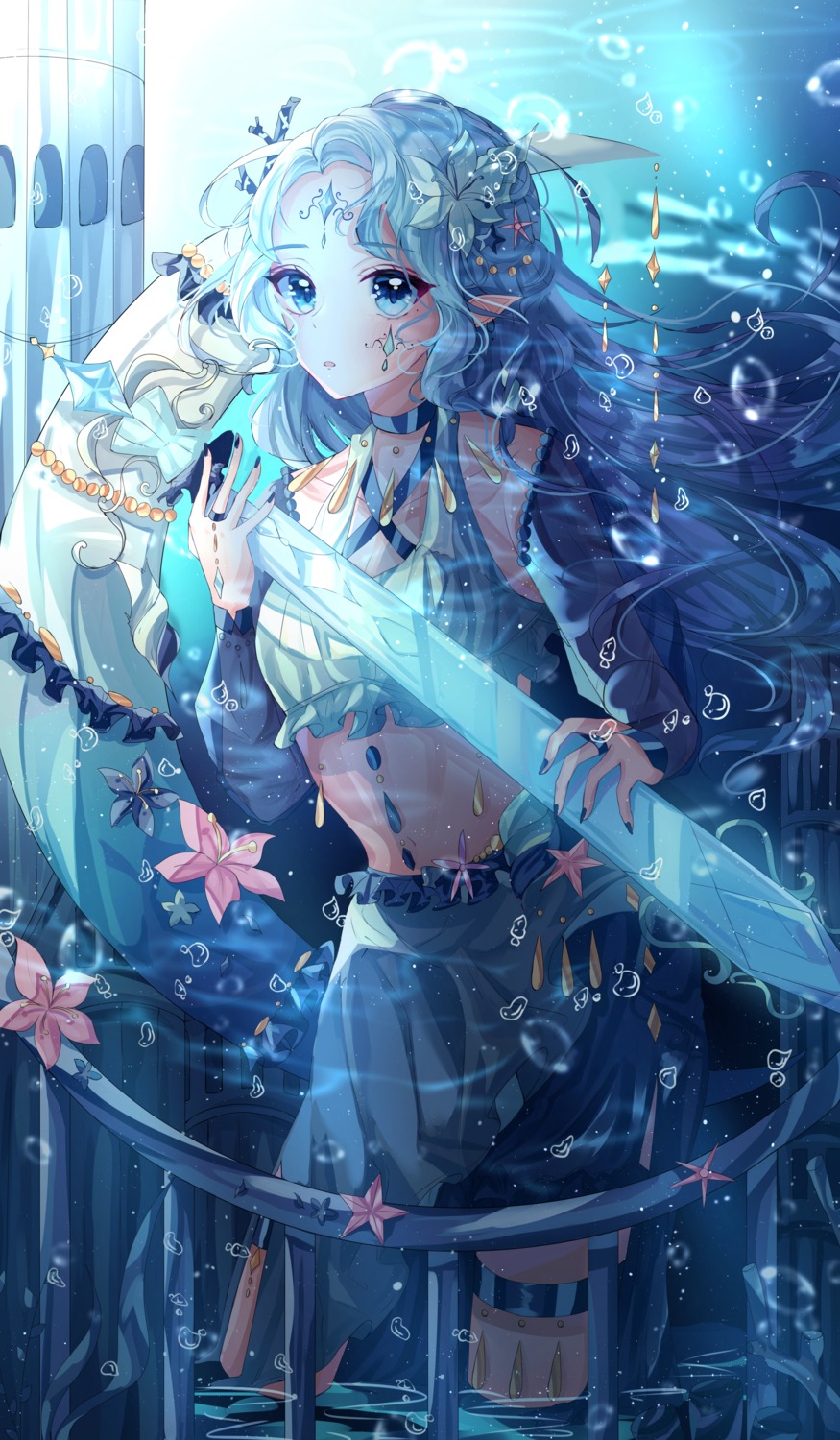 artist_revision, bikini_top, cleavage, cookie_run, garter, pointy_ears, sea_fairy_cookie, swimsuits