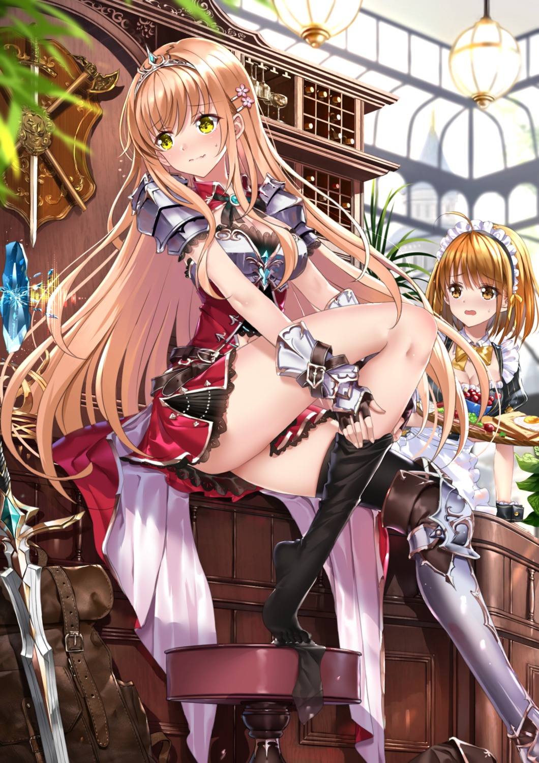 armor, cleavage, maid, skirt_lift, swordsouls, thighhighs, undressing