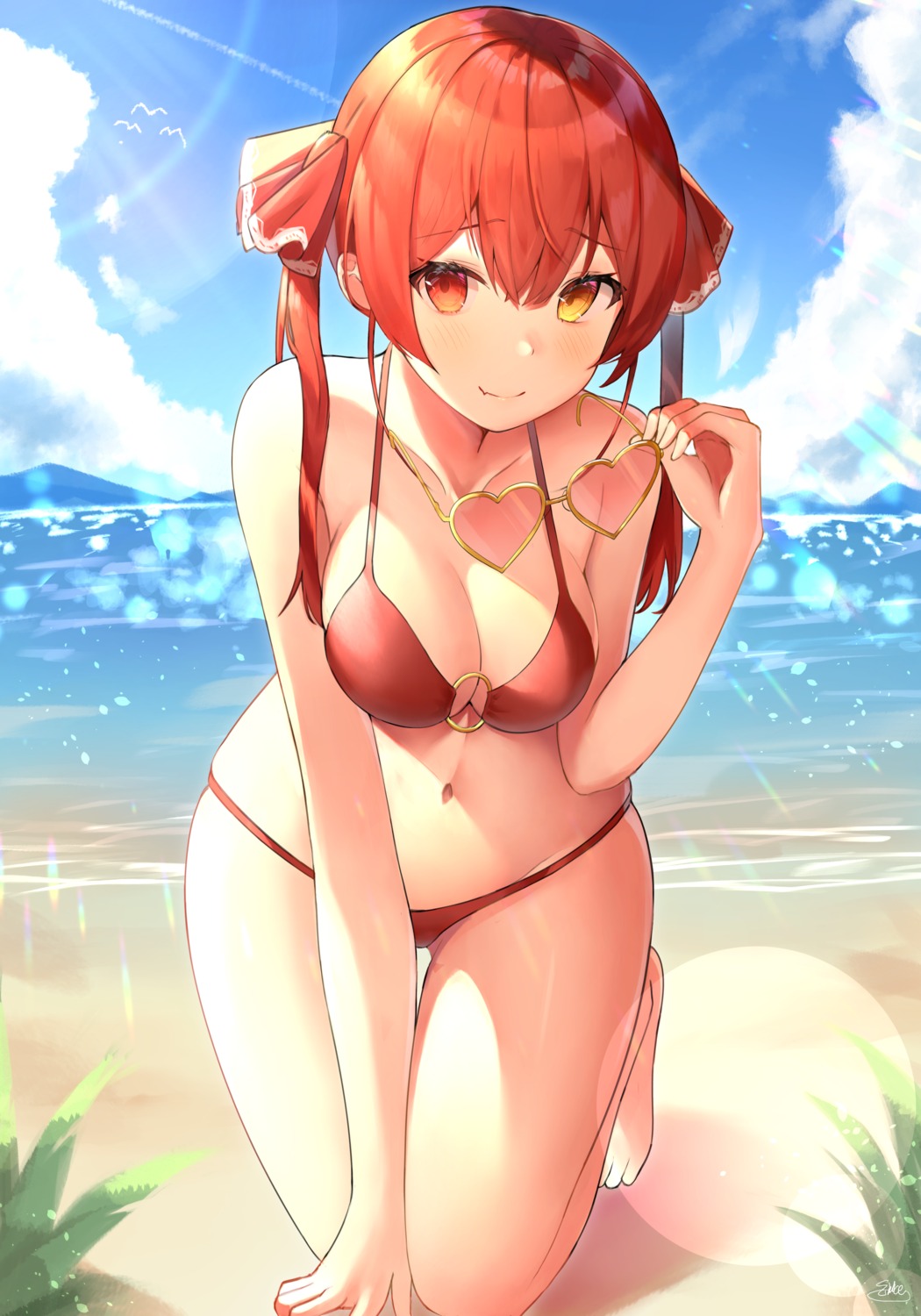 bikini, cleavage, heterochromia, hololive, houshou_marine, megane, shiina_aoi, swimsuits
