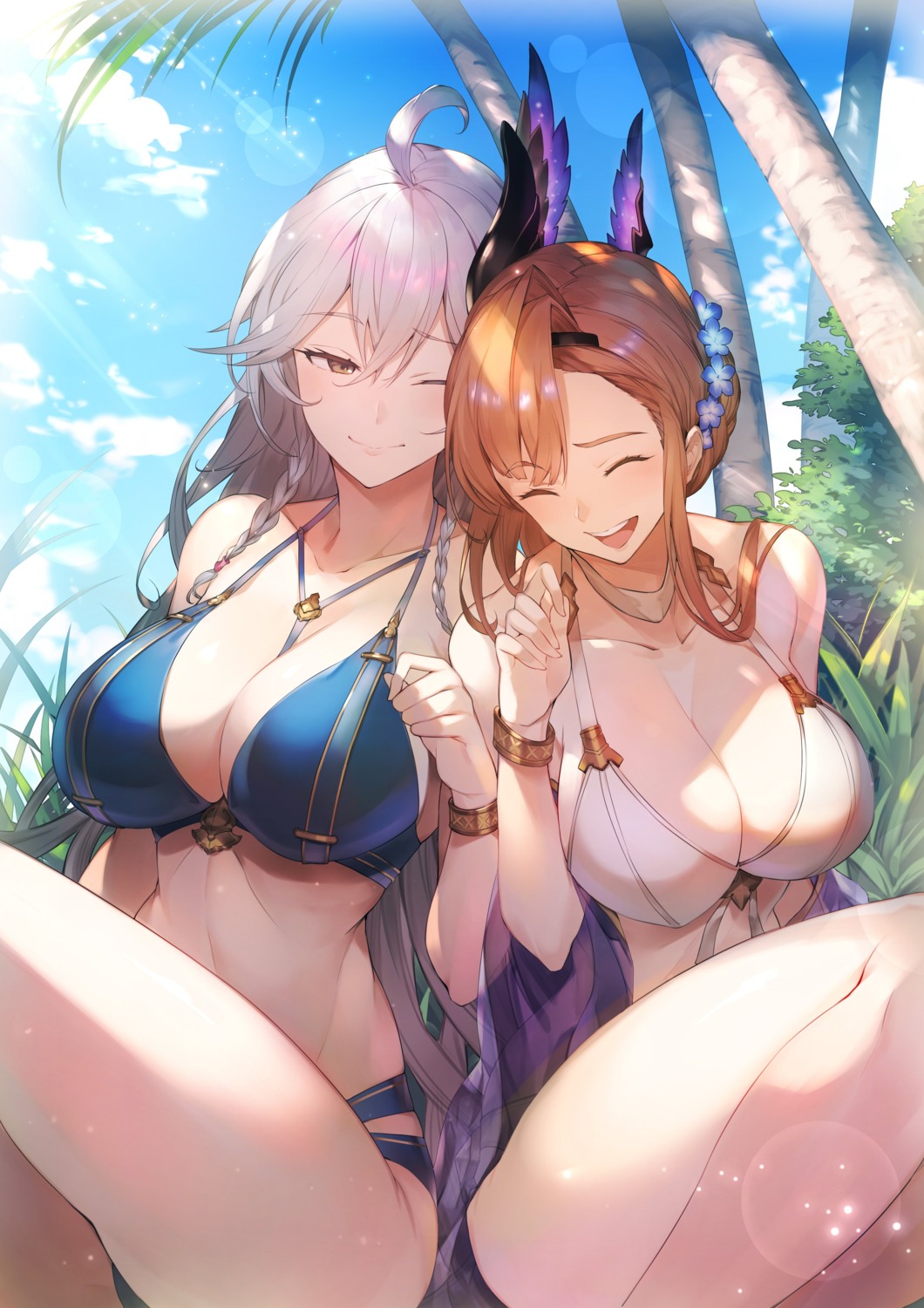 bikini, cleavage, granblue_fantasy, kakage, open_shirt, see_through, silva_(granblue_fantasy), song_(granblue_fantasy), swimsuits, yuri