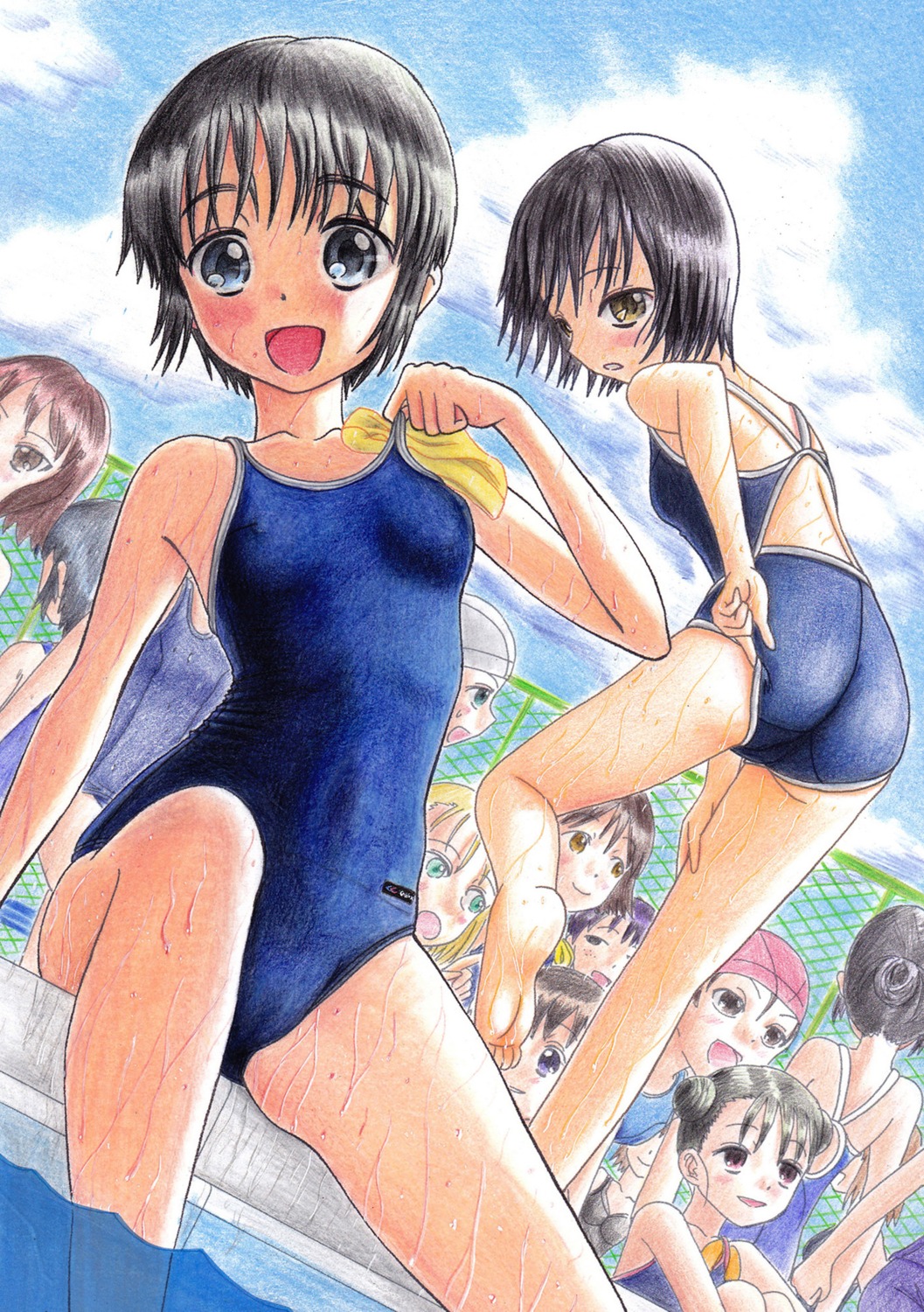 ass, feet, hidaka_medaka, school_swimsuit, swimsuits, wet