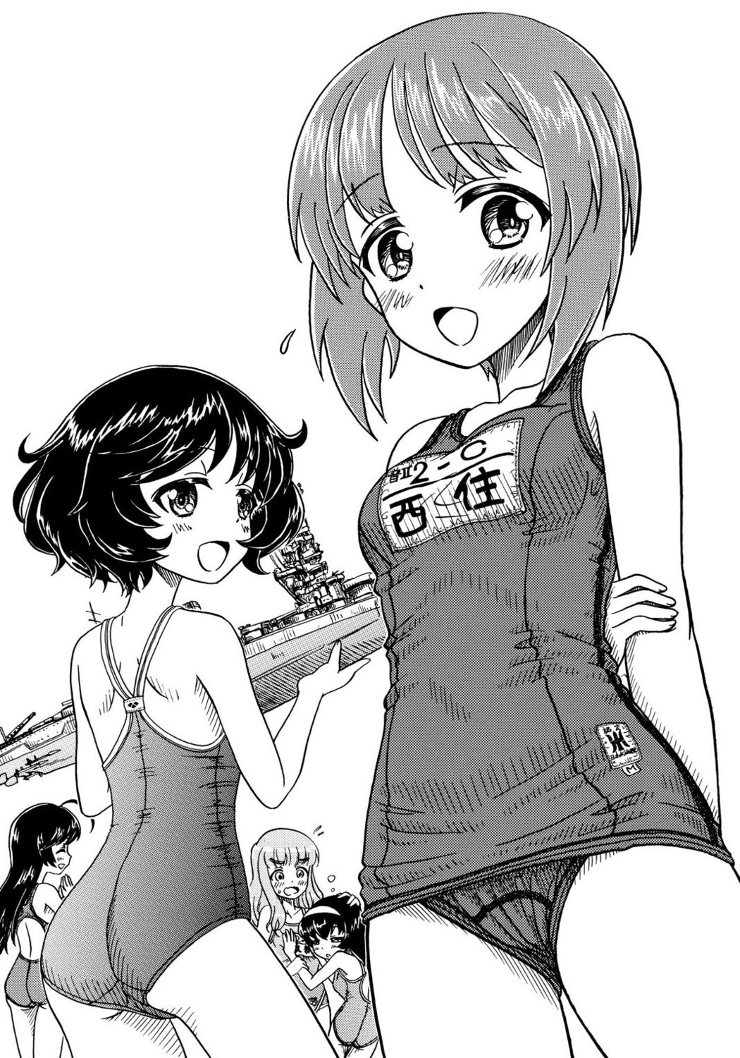 akiyama_yukari, ass, girls_und_panzer, hidaka_medaka, monochrome, nishizumi_miho, school_swimsuit, swimsuits